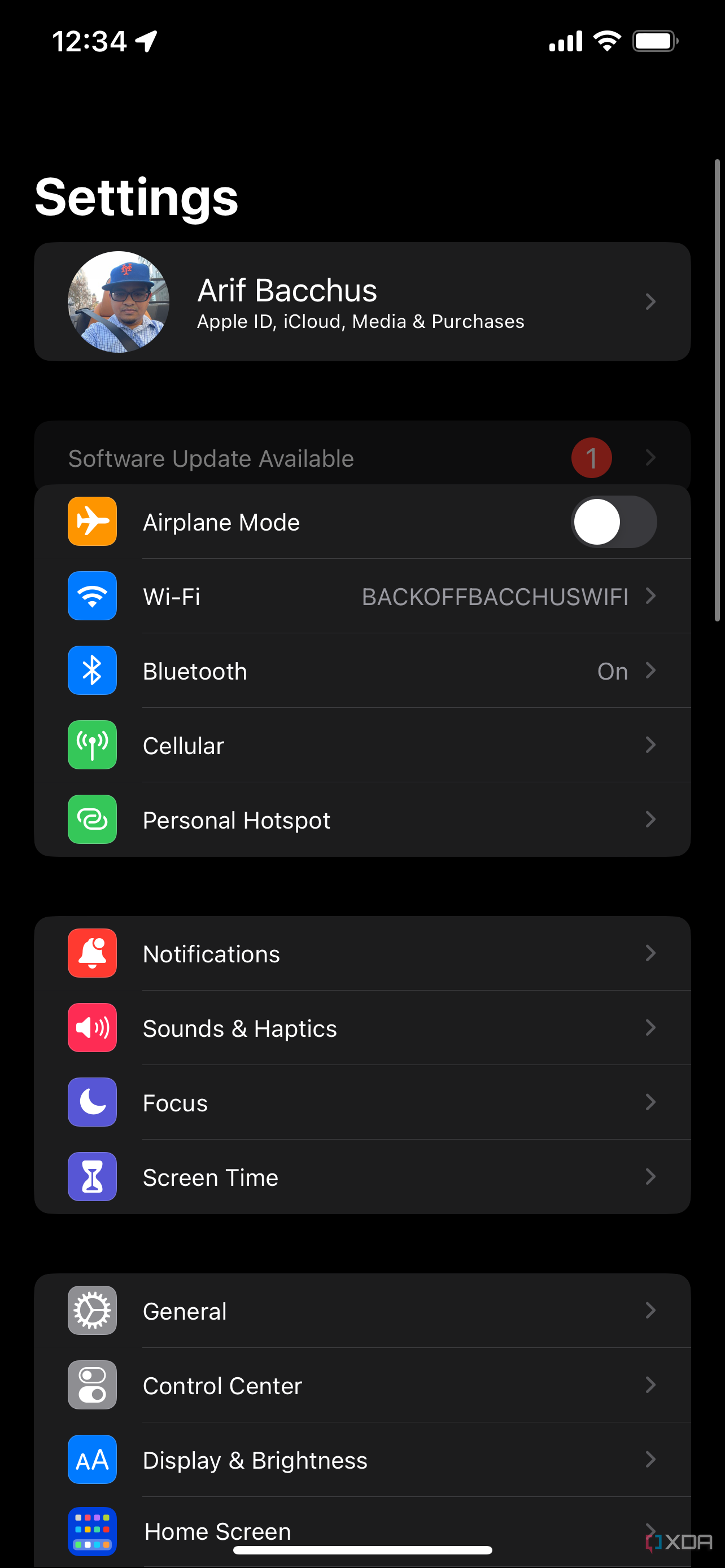 The main iOS Settings page