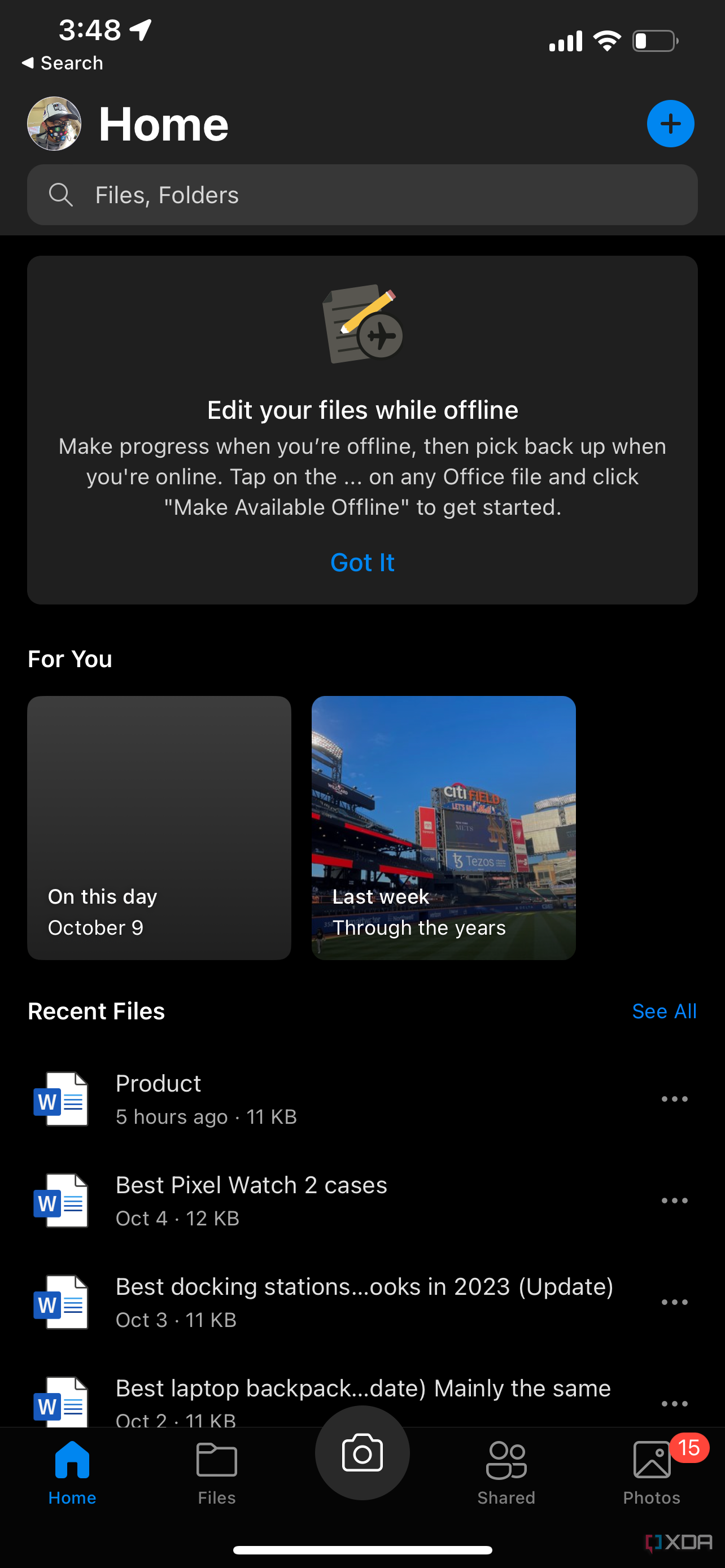 The main page in the OneDrive app on an iPhone