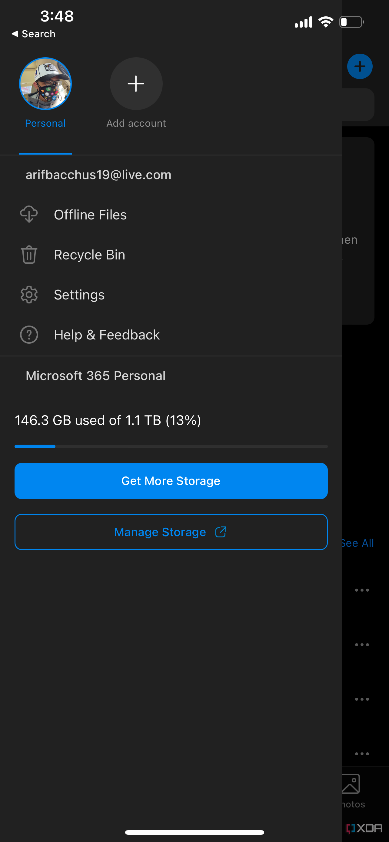 The settings pop out page in the OneDrive app on an iPhone