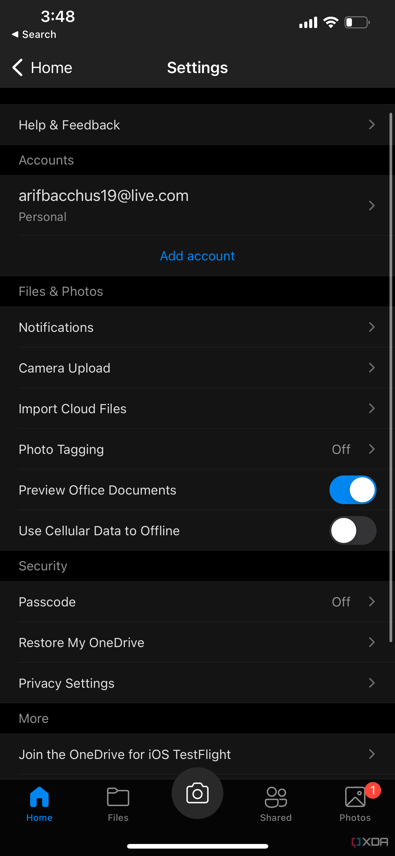 Sync settings on OneDrive on an iPhone