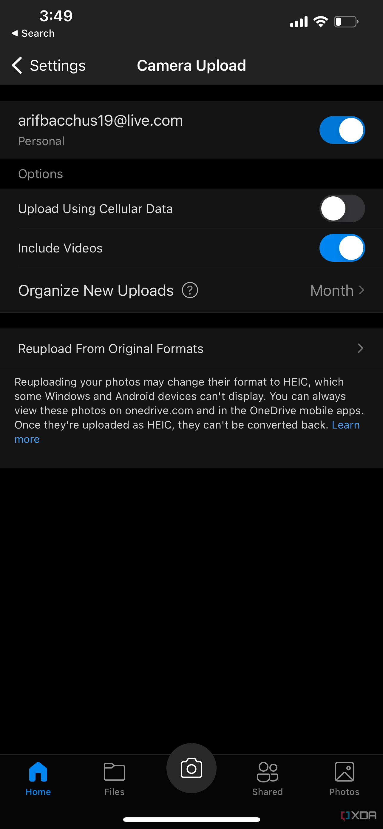 All the sync options for OneDrive on an iPhone