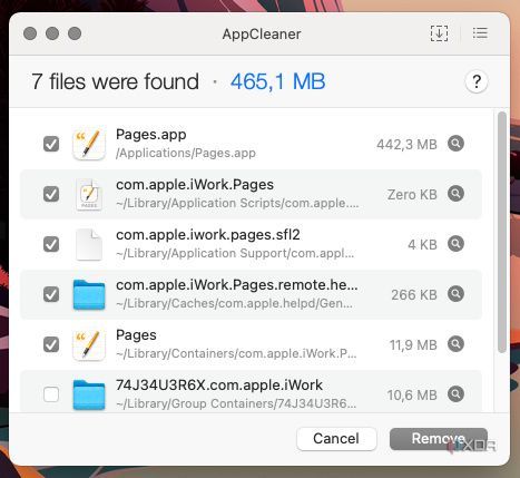 AppCleaner app on macOS showing an app's relevant files and the storage they consume