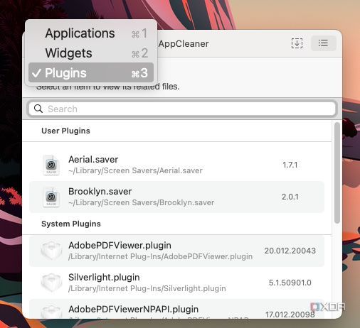 AppCleaner app on macOS showing the plugins installed on a Mac