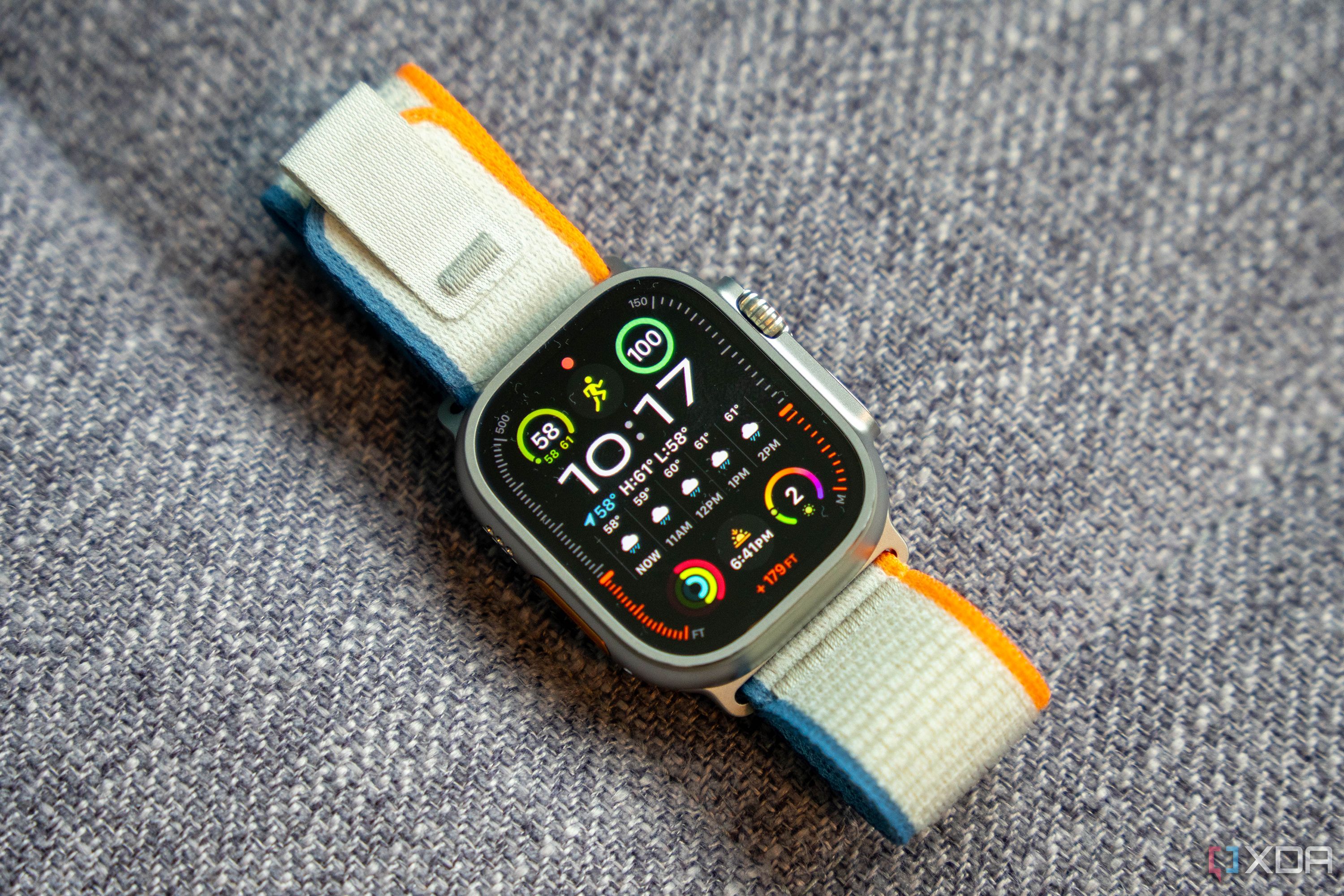 Apple Watch Ultra 2 showing the main watch face, displaying the item and various complications.