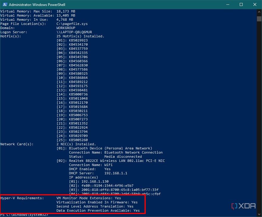 Screenshot of Windows PowerShell showing that the computer supports the necessary features for Hyper-V