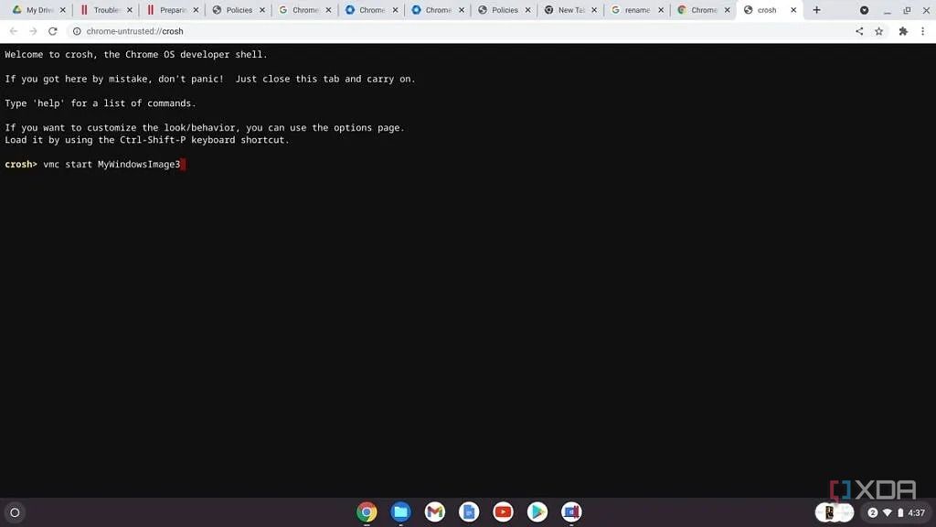 El comando Iniciar máquina virtual en Crosh en ChromeOS