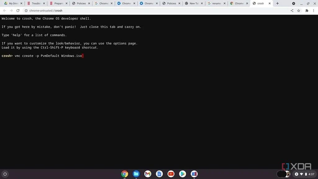 El comando Crosh para montar una ISO de Windows en ChromeOS