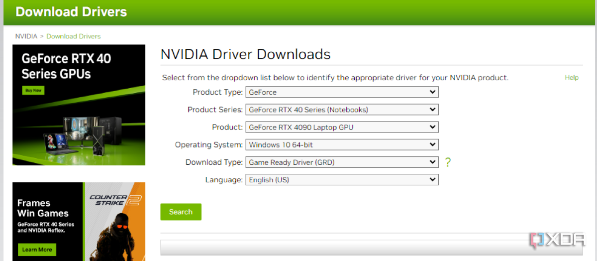 Снимок экрана, показывающий страницу загрузки драйвера Nvidia со всеми раскрывающимися опциями.