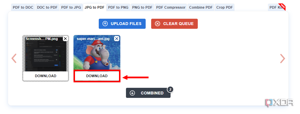 Screenshot of JPGtoPDF website with the download button highlighted 