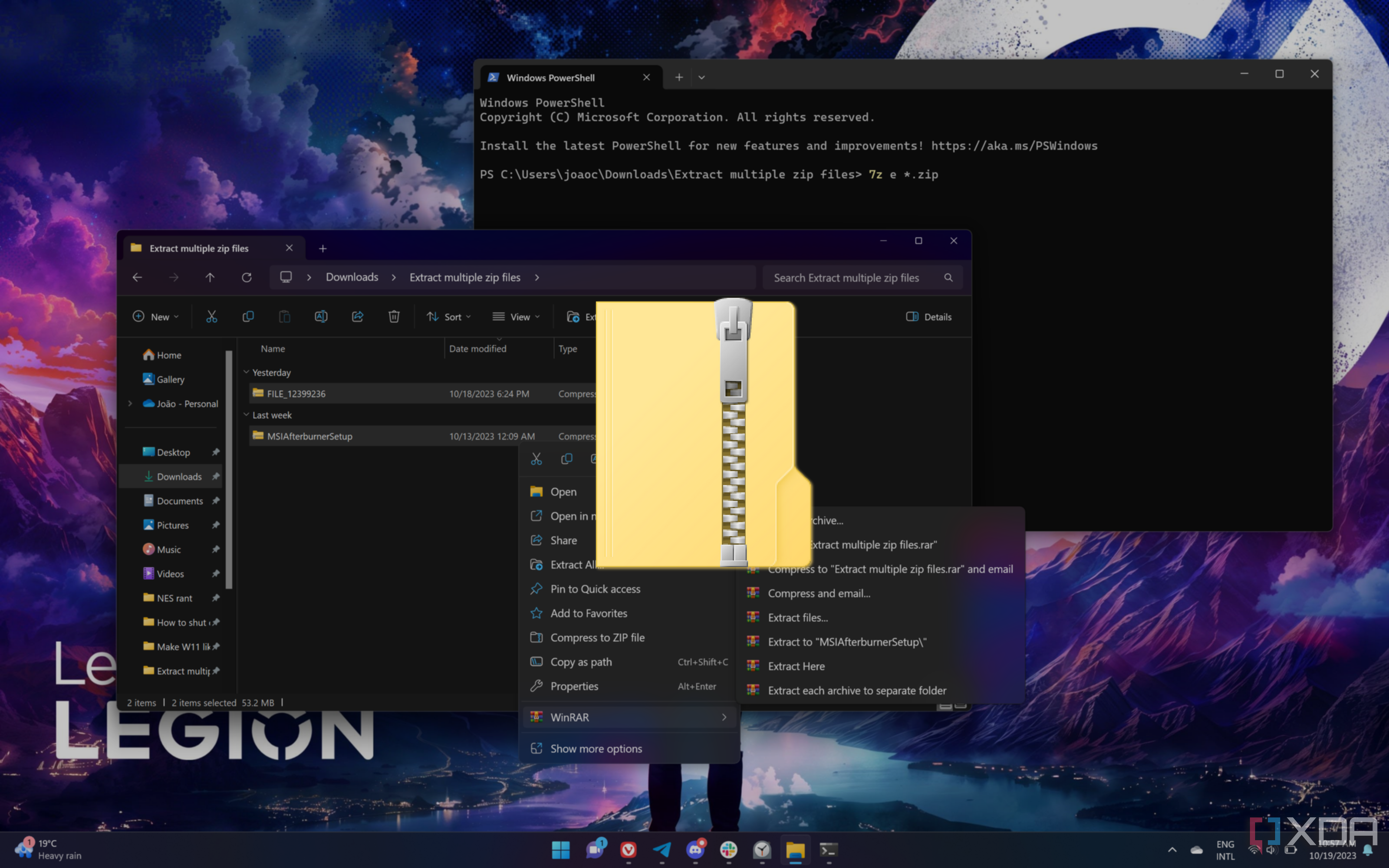 Screenshot of a Windows 11 desktop showing different methods to extract multiple ZIP files. A ZIP file icon is overlaid on top