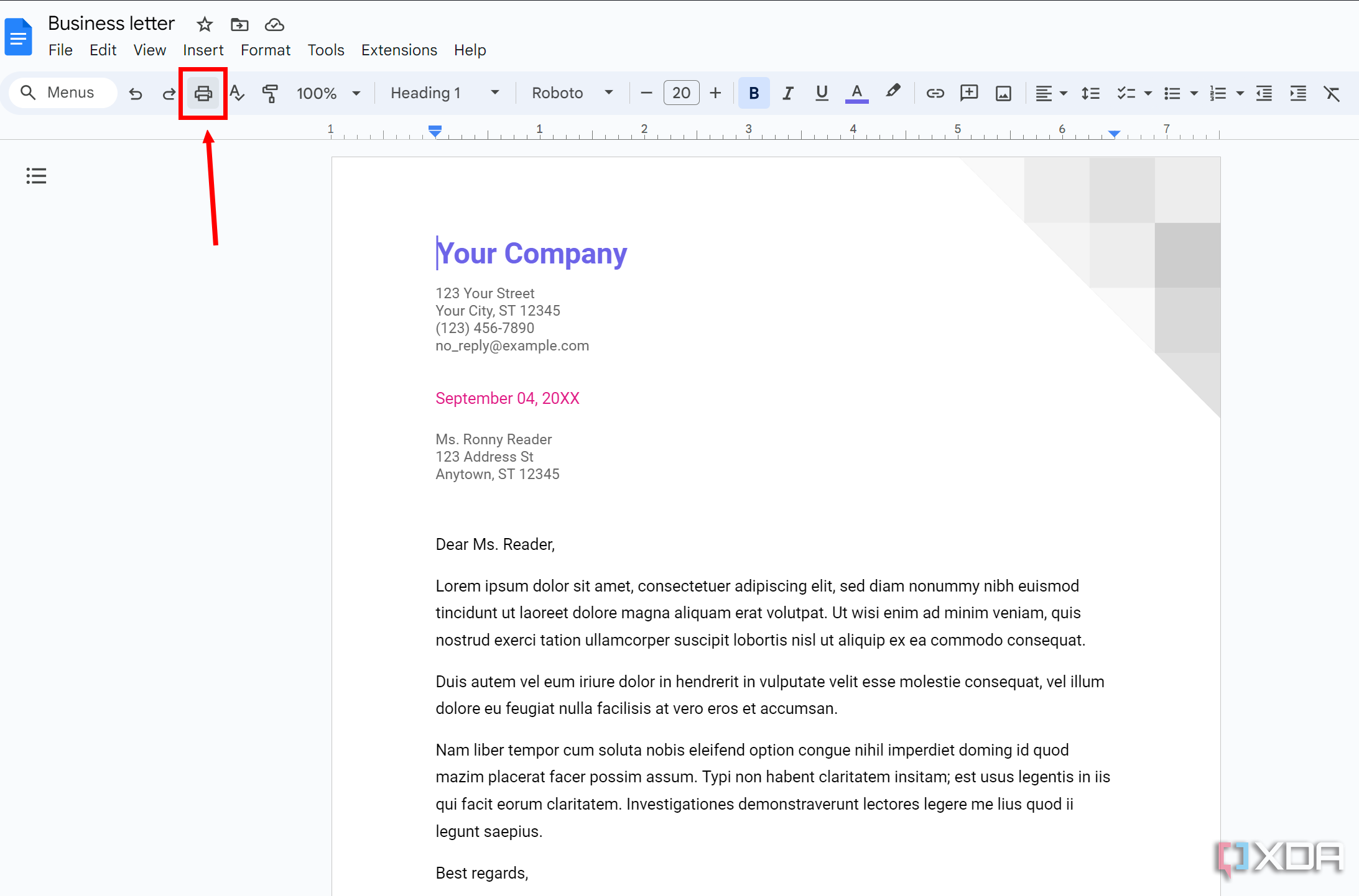 Screenshot of Google Docs with the Print button highlighted