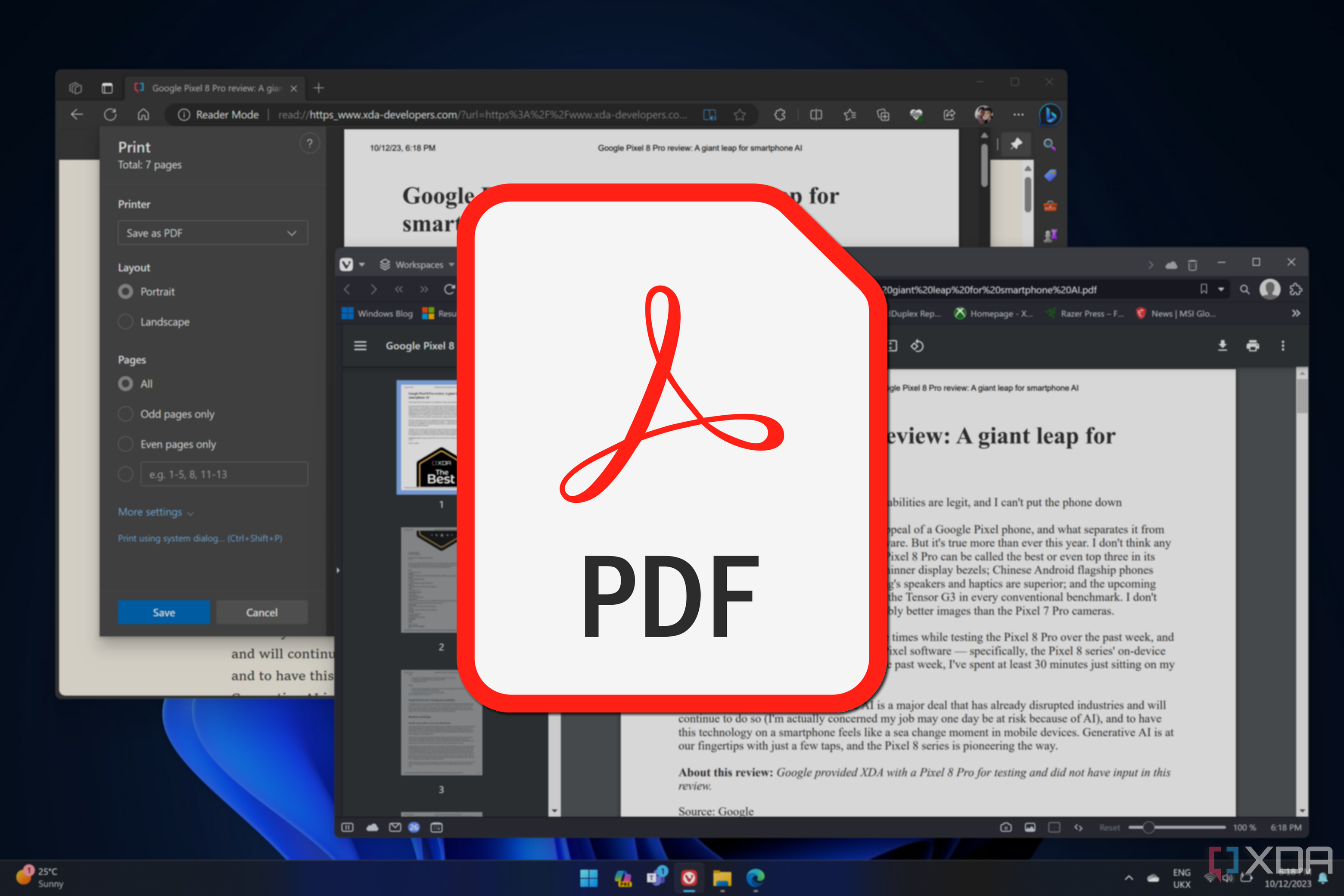 Screenshot of Windows 11 with a PDF file open and a print dialog in Microsoft Edge. A PDF file icon is overlaid on top