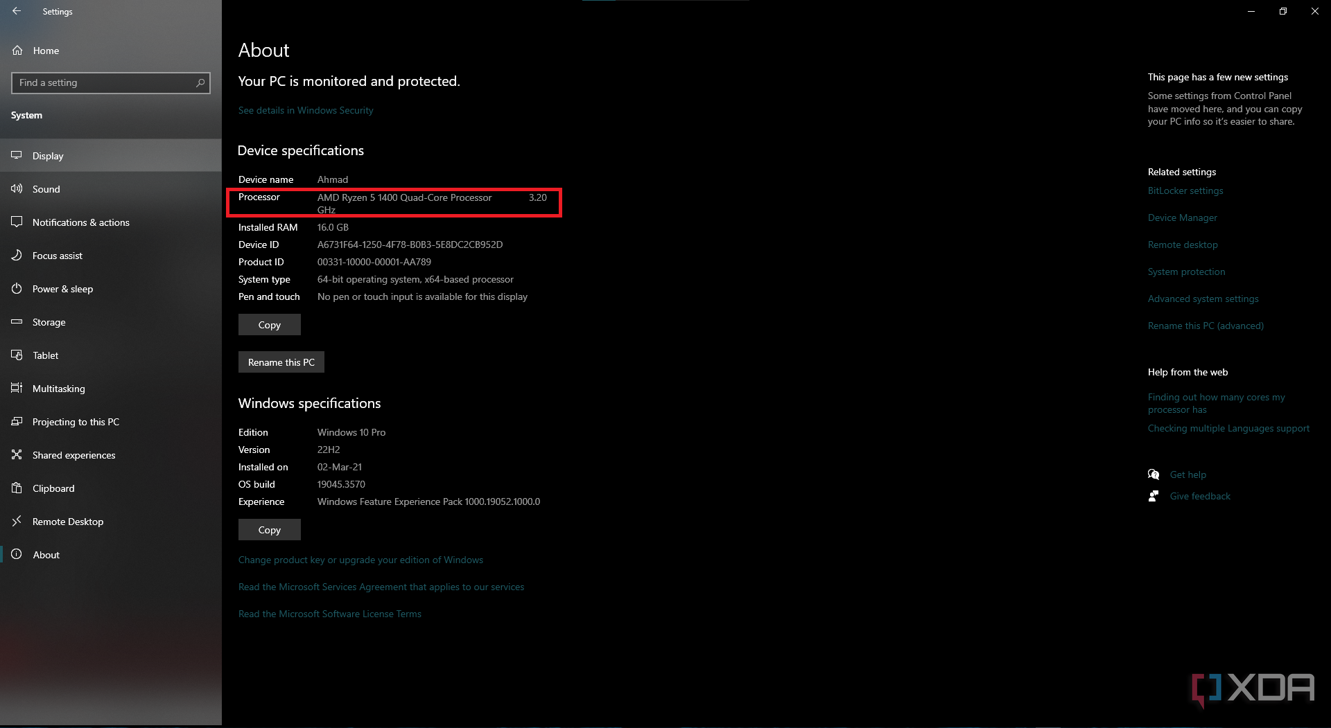 about section of windows settings with processor name highlighted