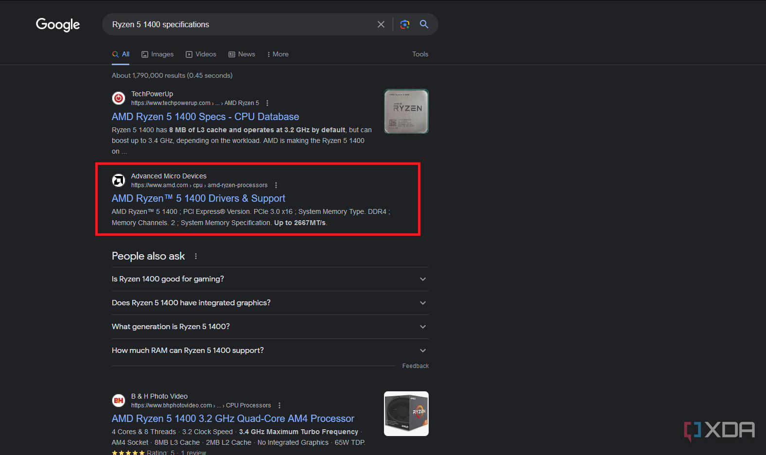 search results for ryzen 5 1400 specifications with official amd website highlighted