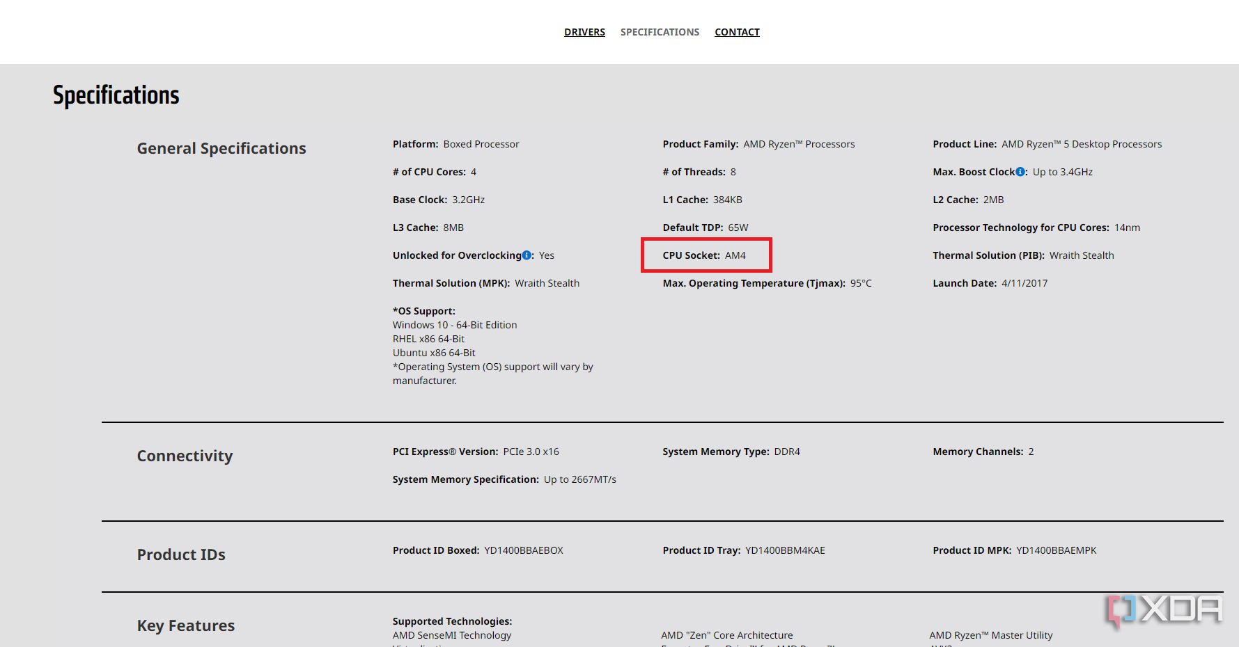 specifications for ryzen 5 1400 with socket name am4 highlighted