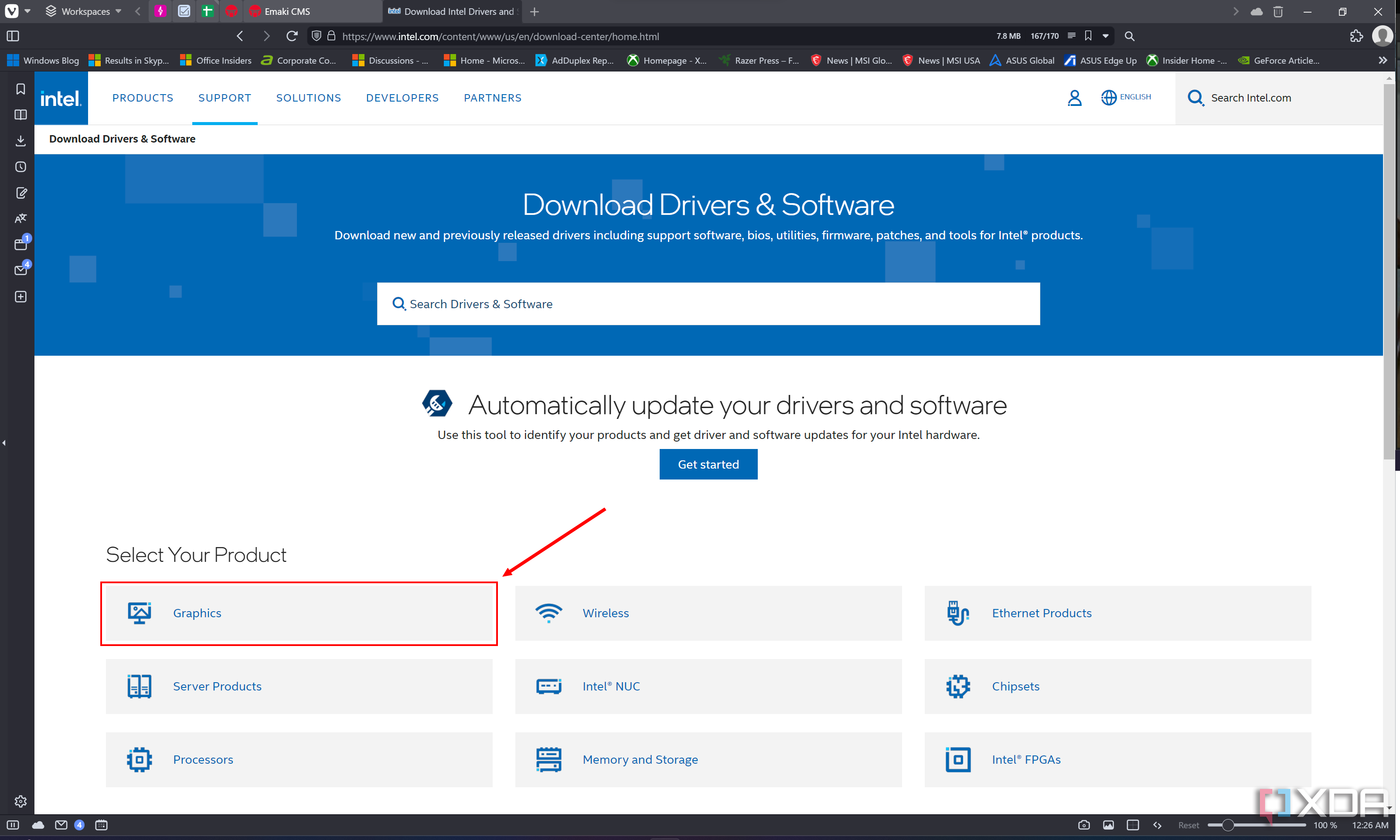 Screenshot of Intel's driver download website with the Graphics button highlighted