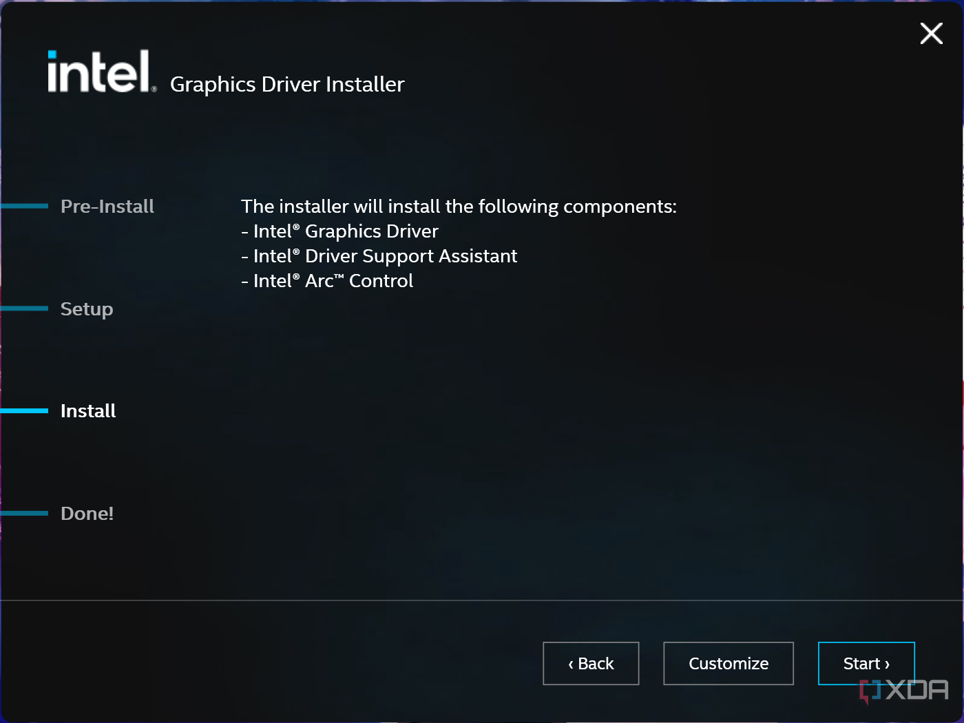 Screenshot of intel graphics driver installer showing the option to start the installation or customize it