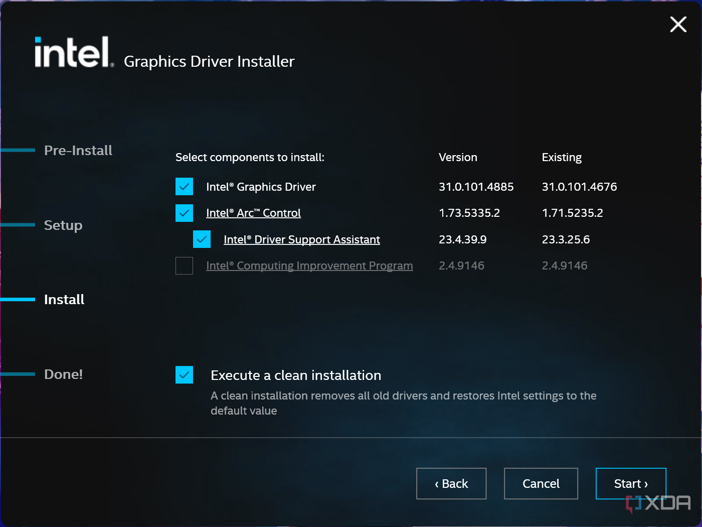 Screenshot of Intel graphics driver installer showing multiple components to be selected or deselected for the installation