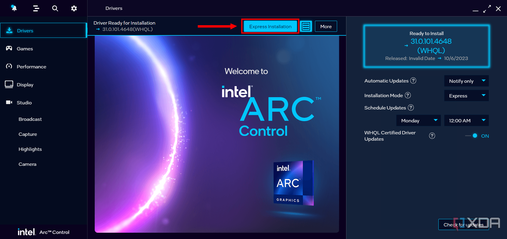 Screenshot of Intel Arc Control with the Express installation button highlighted