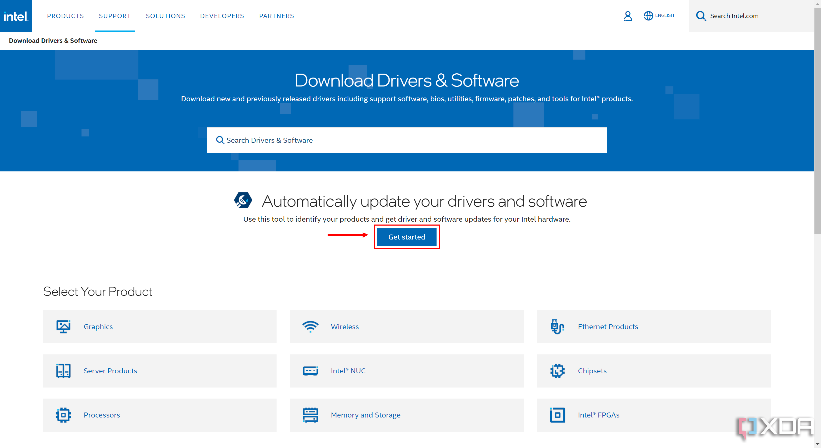 Screenshot of Intel's driver download website with the Get Started laptop