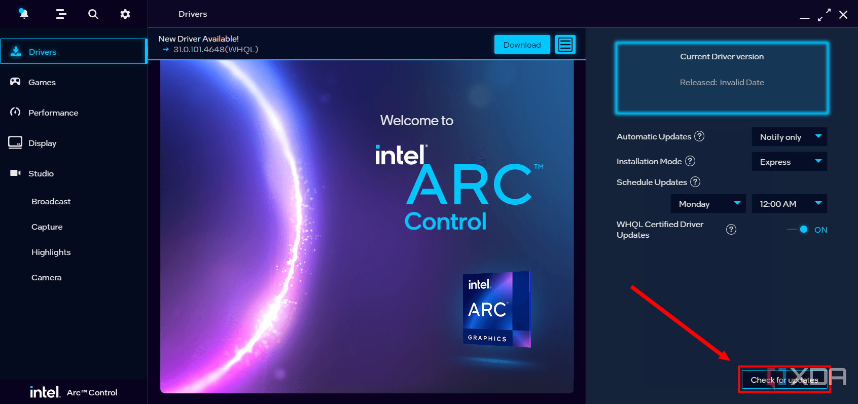 Screenshot of Intel Arc Control with the Check for updates button highlighted.