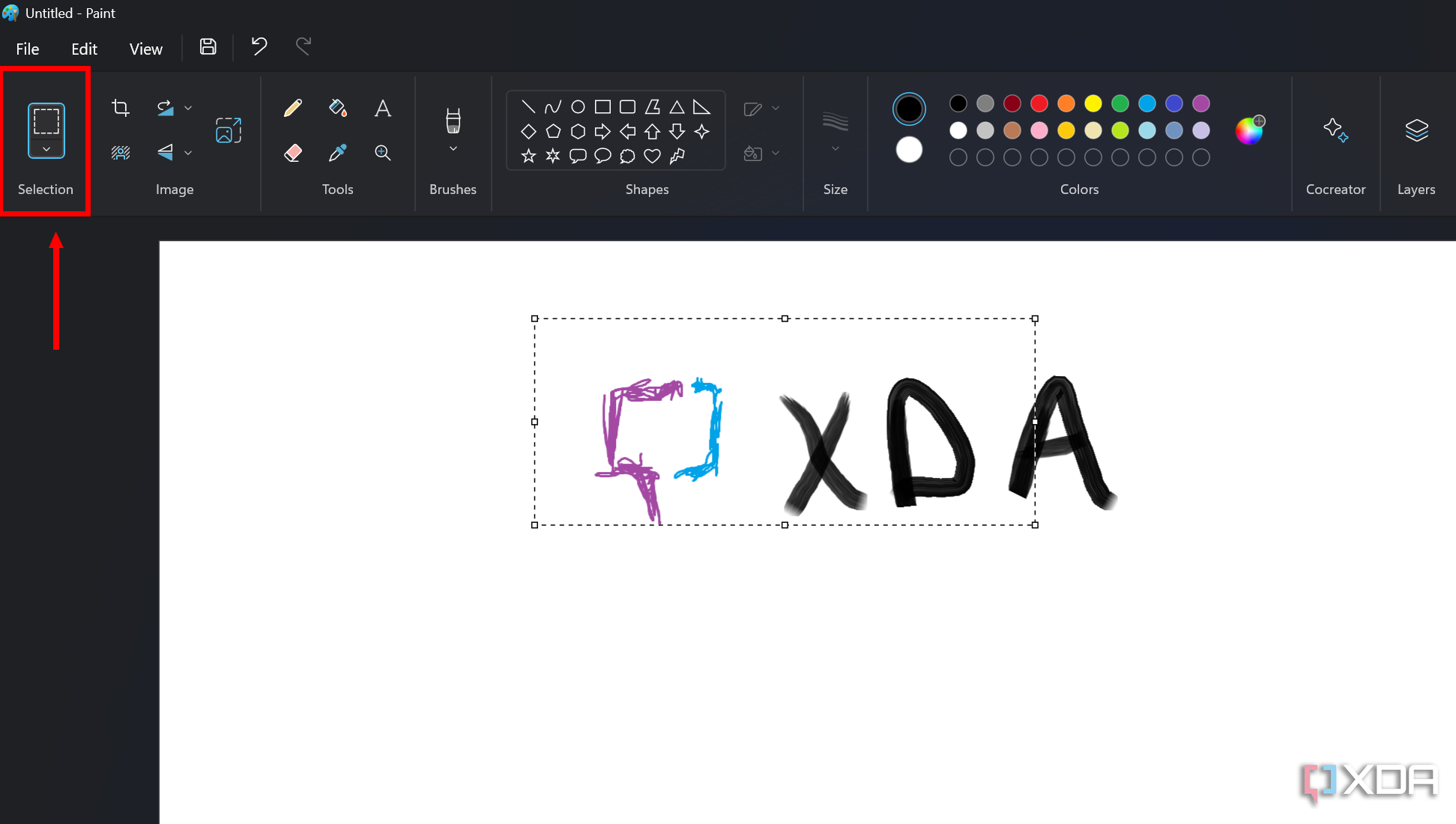 Screenshot of paint with the selection tool highlighted. A selection has been made on the canvas using the tool