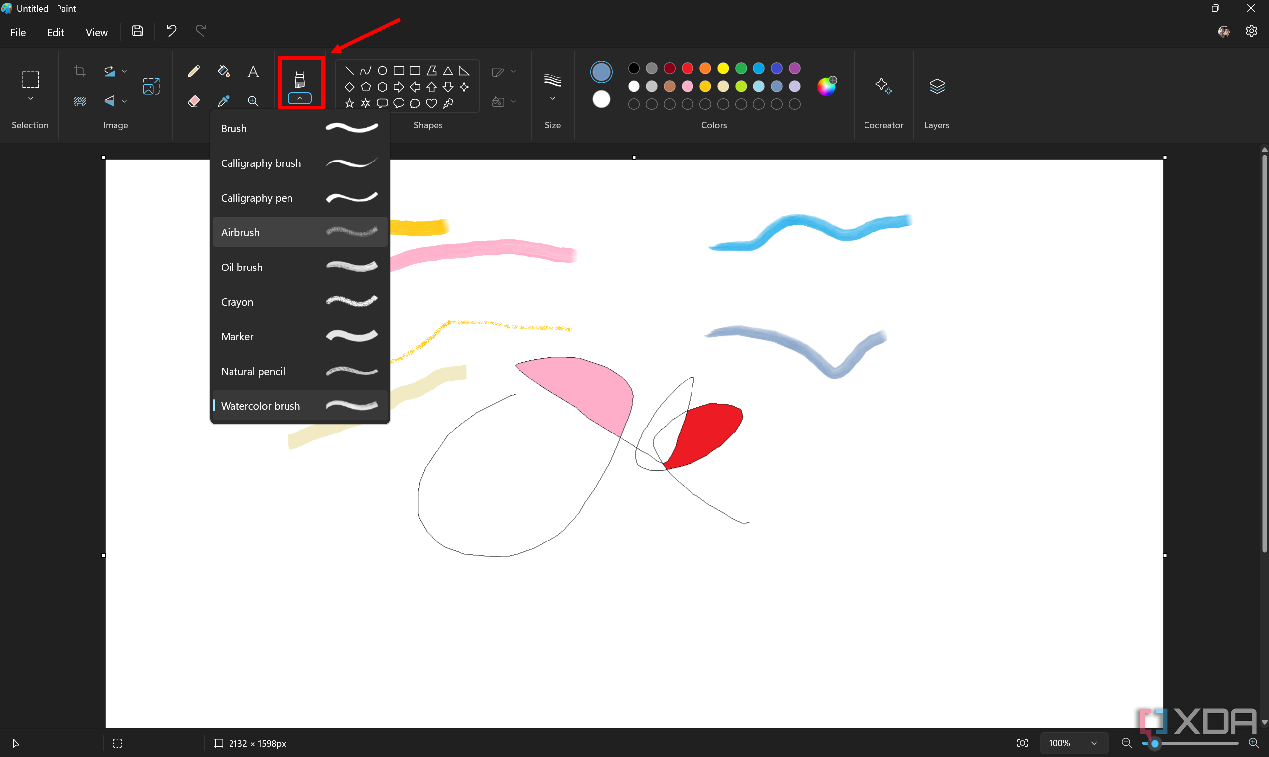 Screenshot of paint showing the list of available brushes as well as some examples of what they look like on the canvas