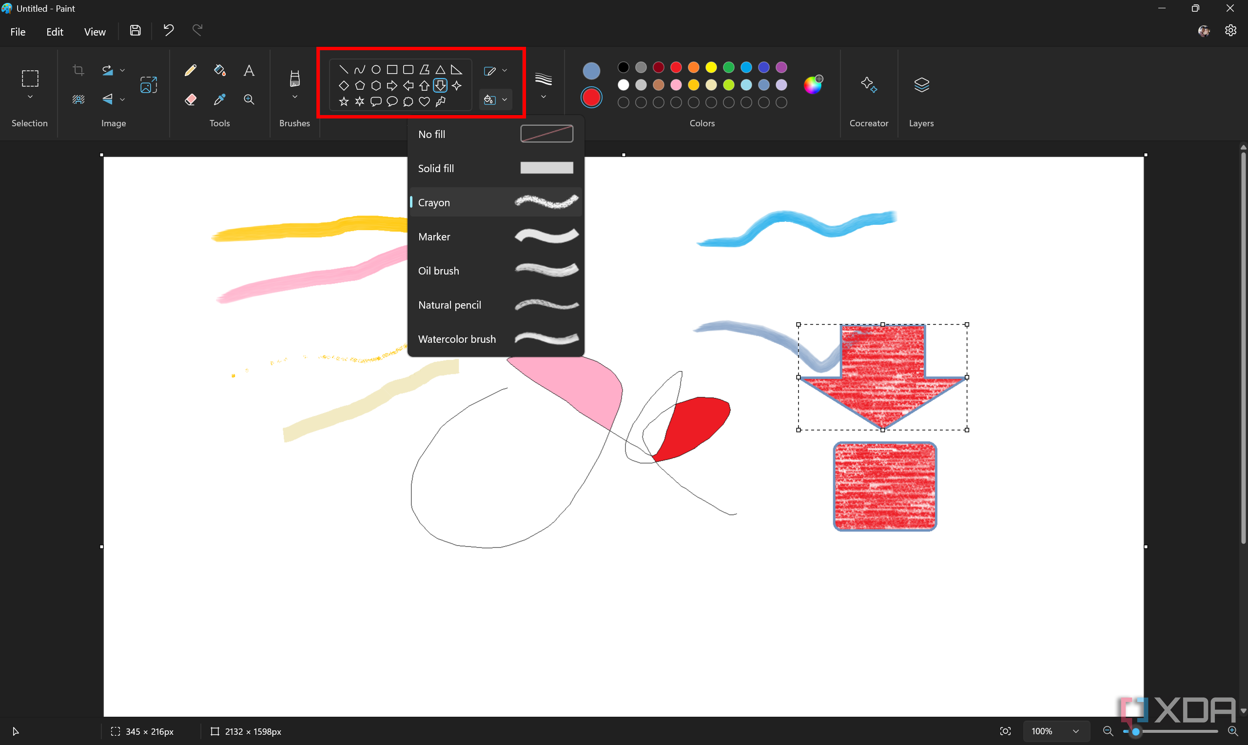Screenshot of Paint with the Shapes section highlighted and the fill dropdown menu open. Some shapes have also been drawn on the canvas