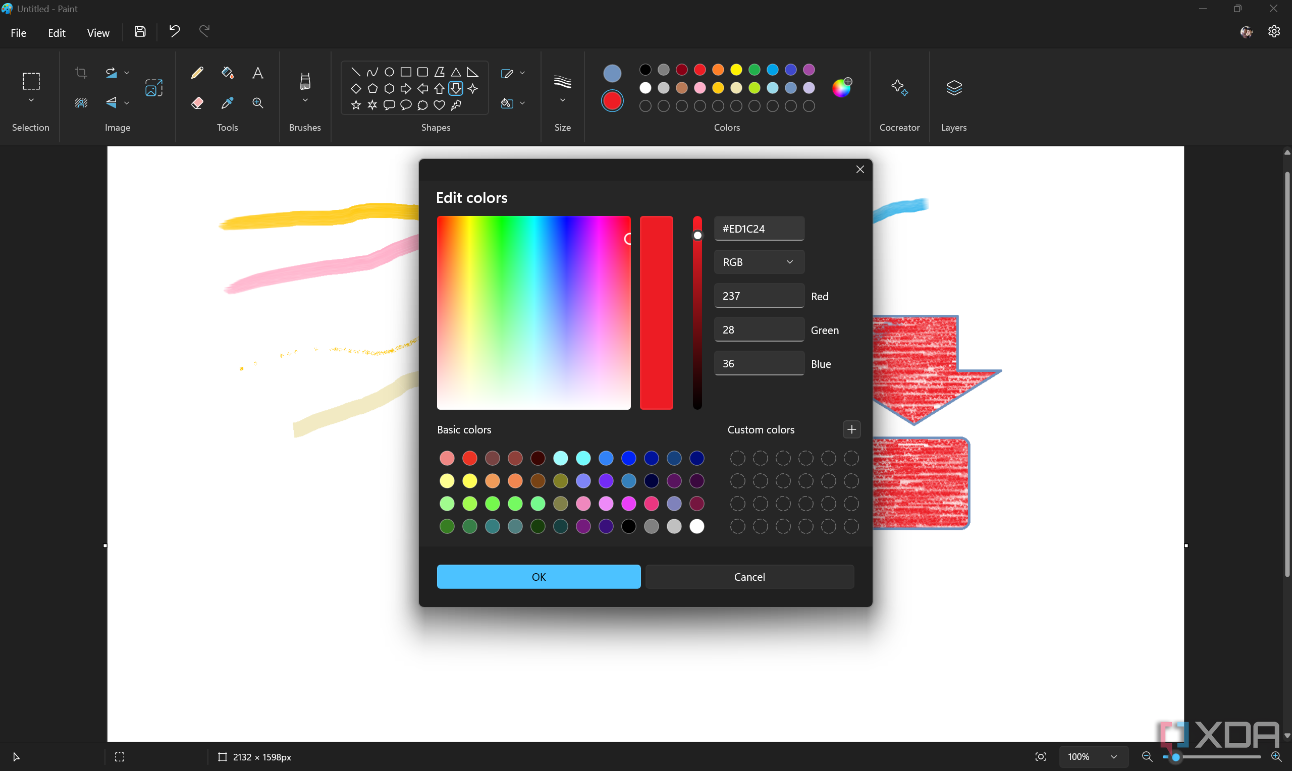 Screenshot of Paint in Windows 11 with the advanced color picker window open