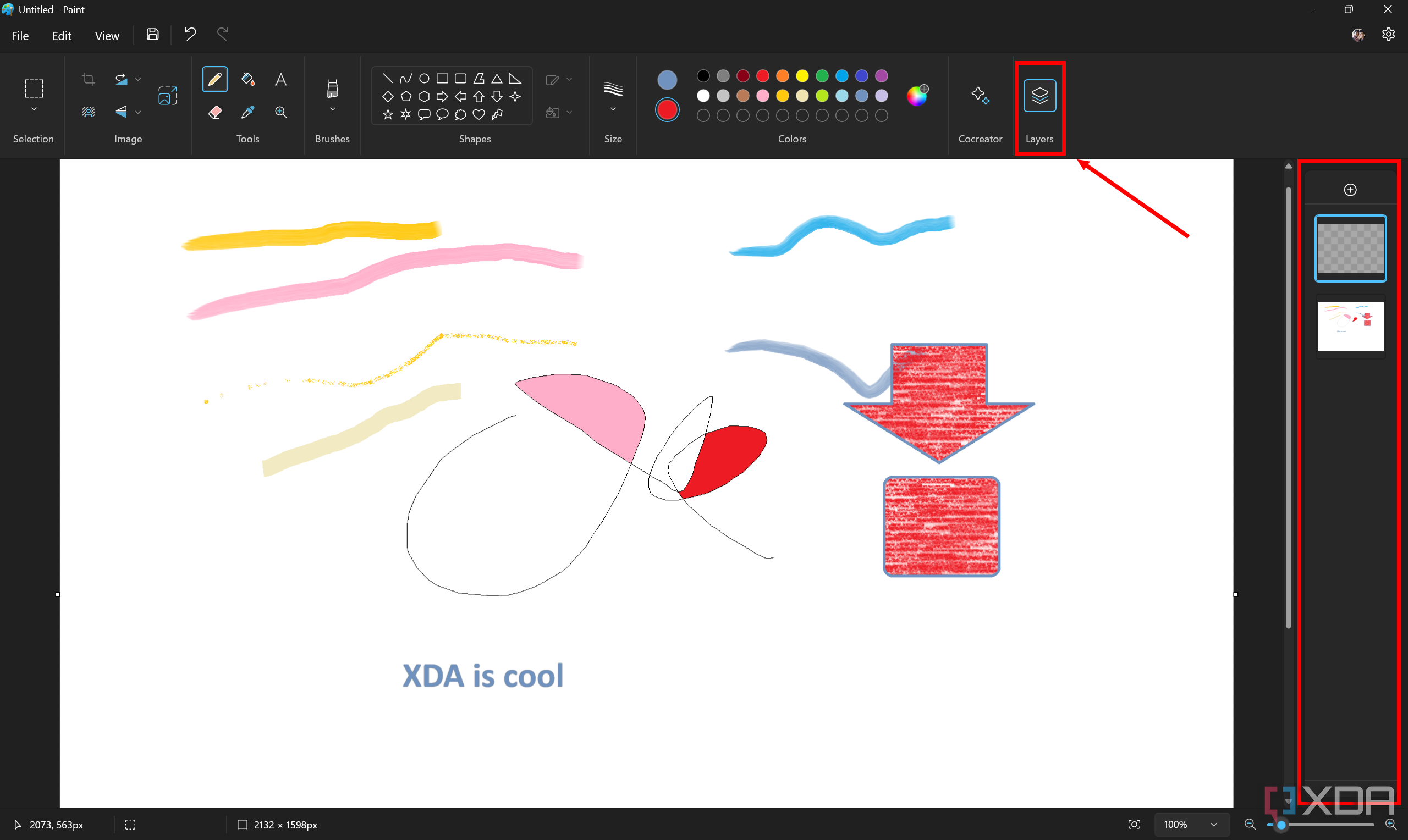 Screenshot of Paint in Windows 11 with the Layers button and layer list highlighted