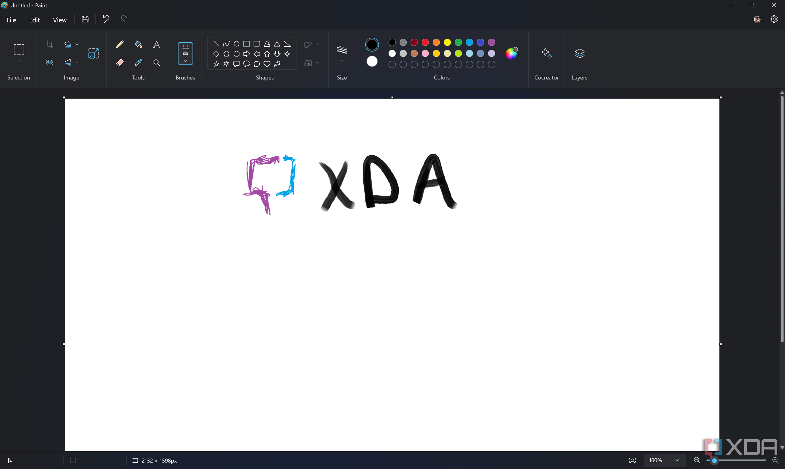 Скриншот Paint в Windows 11 с плохо нарисованным логотипом XDA на холсте