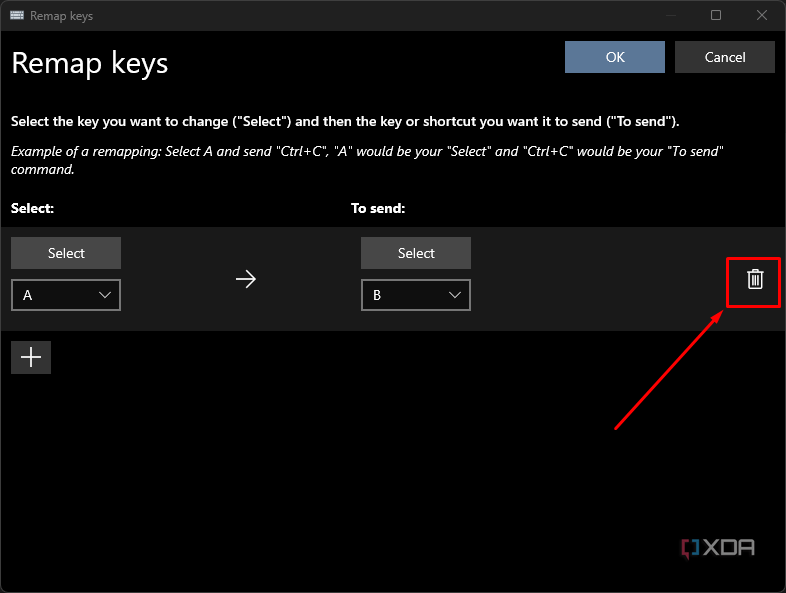 A marked up image of the Windows 11 PowerToys delete windows. The delete mapping button is highlighted.