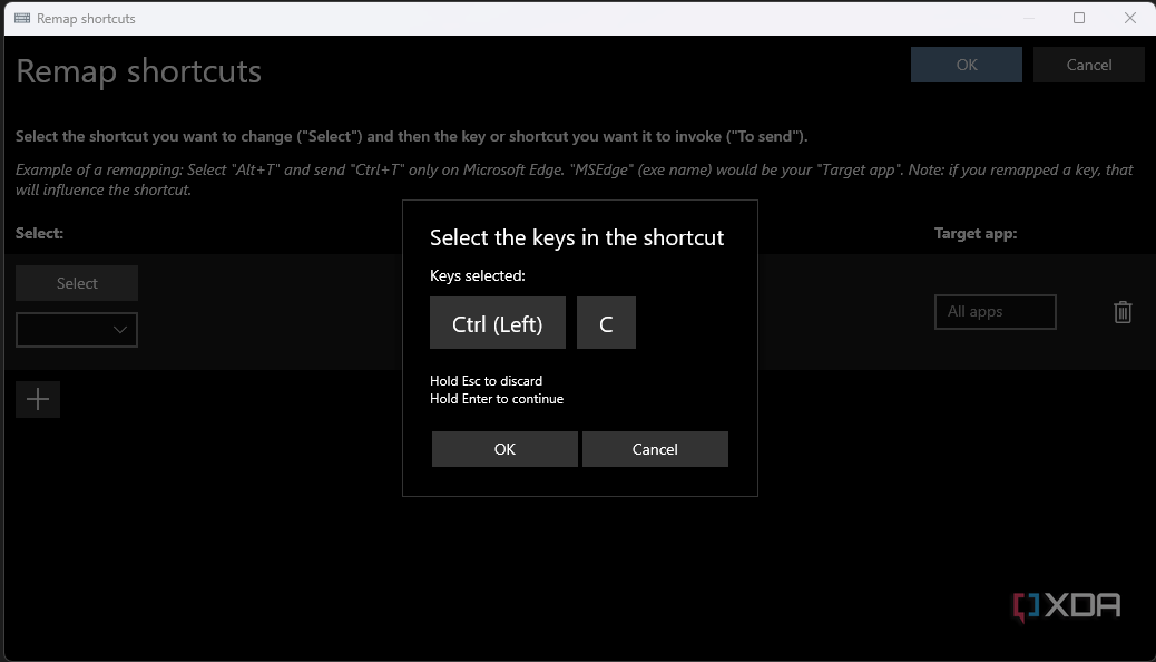 A screenshot of a PowerToys window showing the remapping of a keyboard shortcut Ctrl C