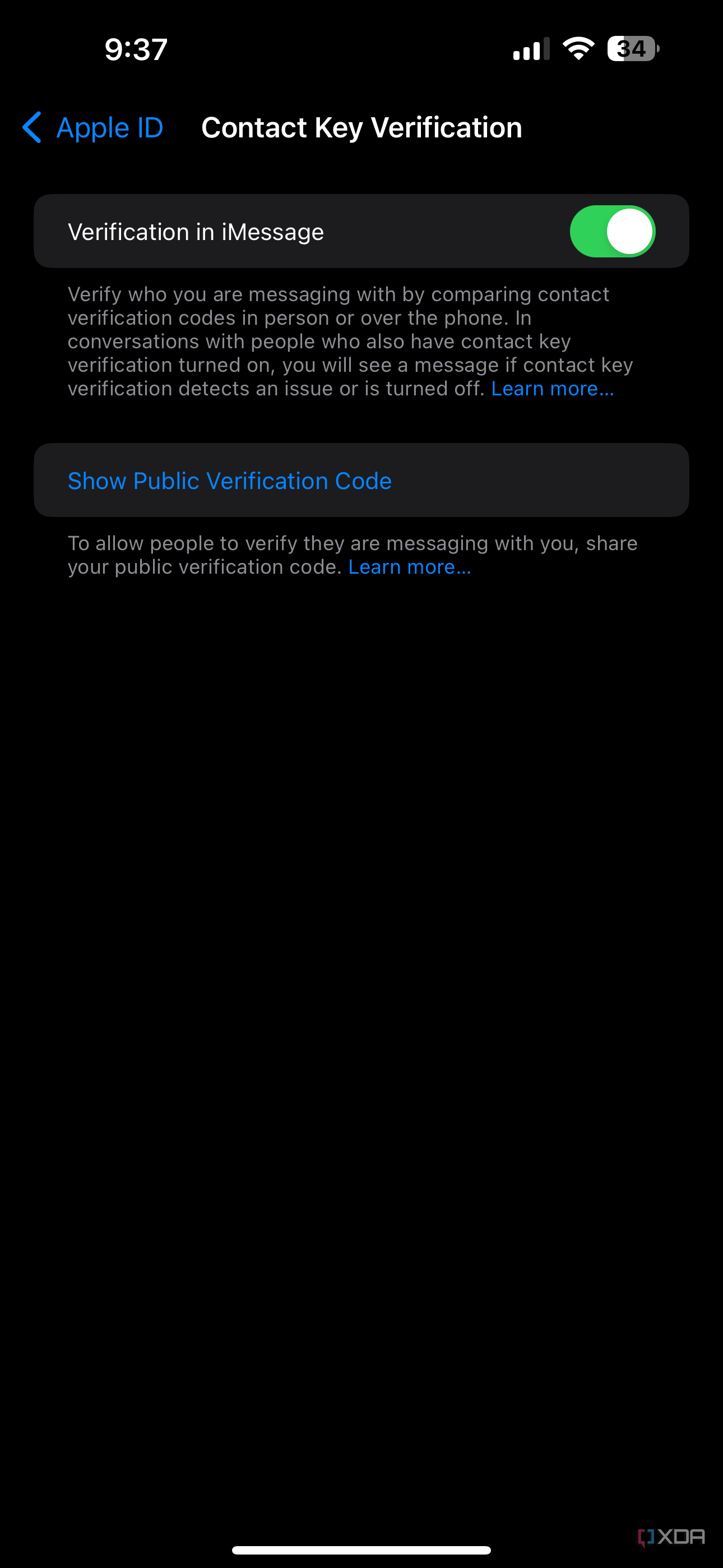 Verificação da chave de contato do iMessage ativada nas configurações