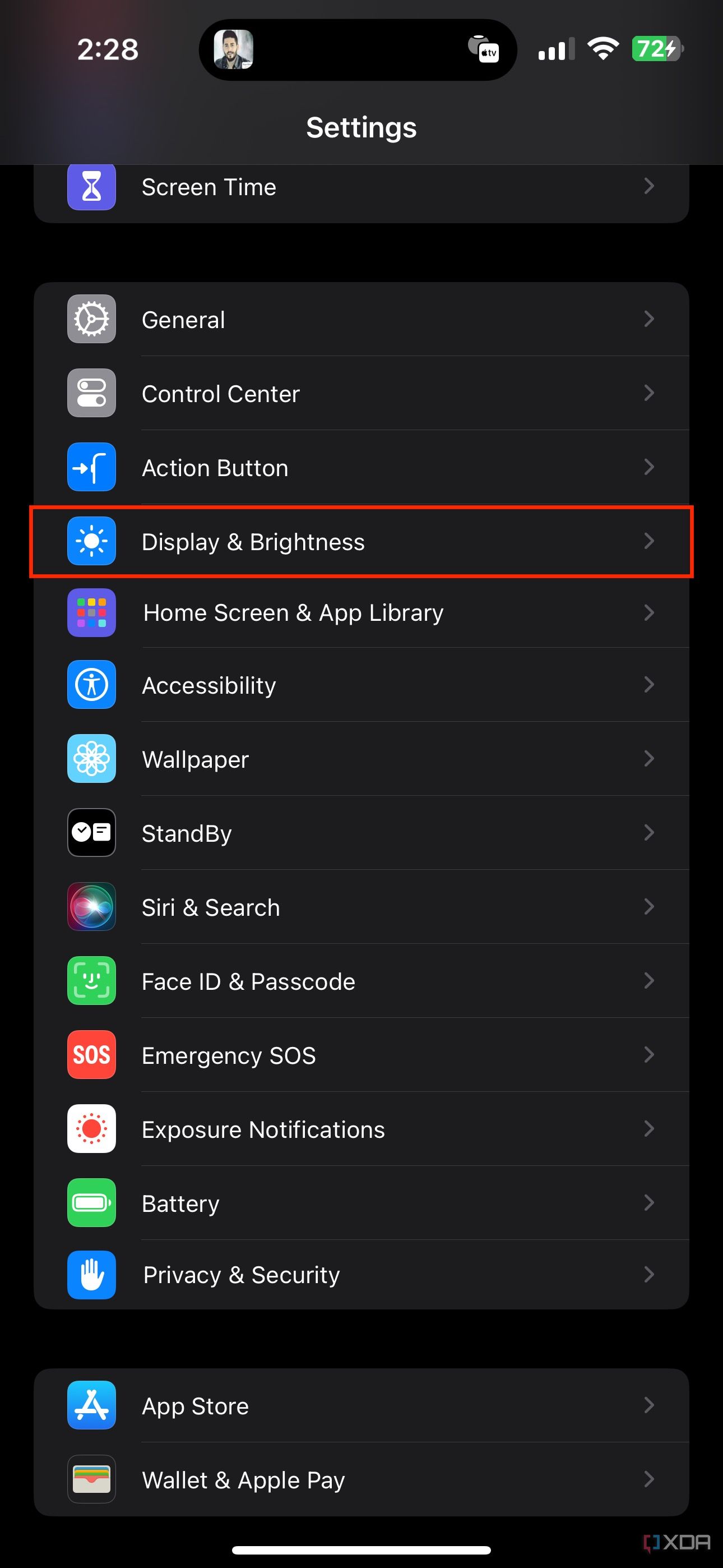 display and brightness section in iPhone settings