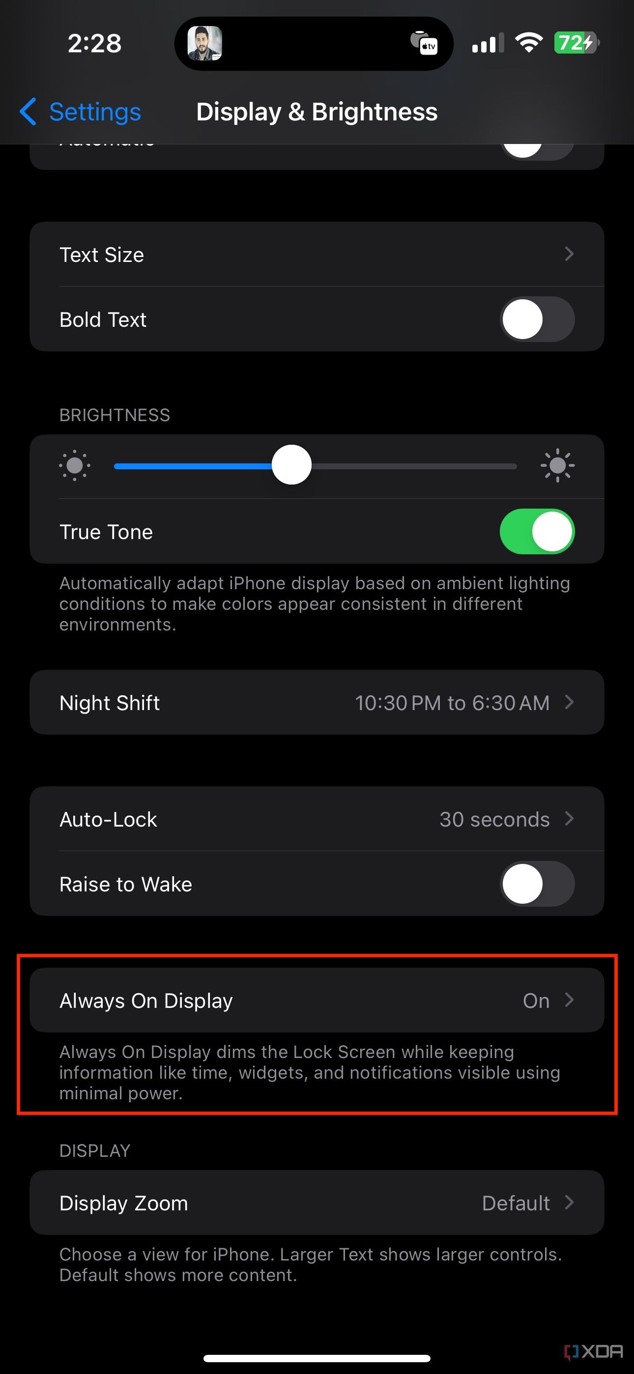 always on display section in iPhone settings