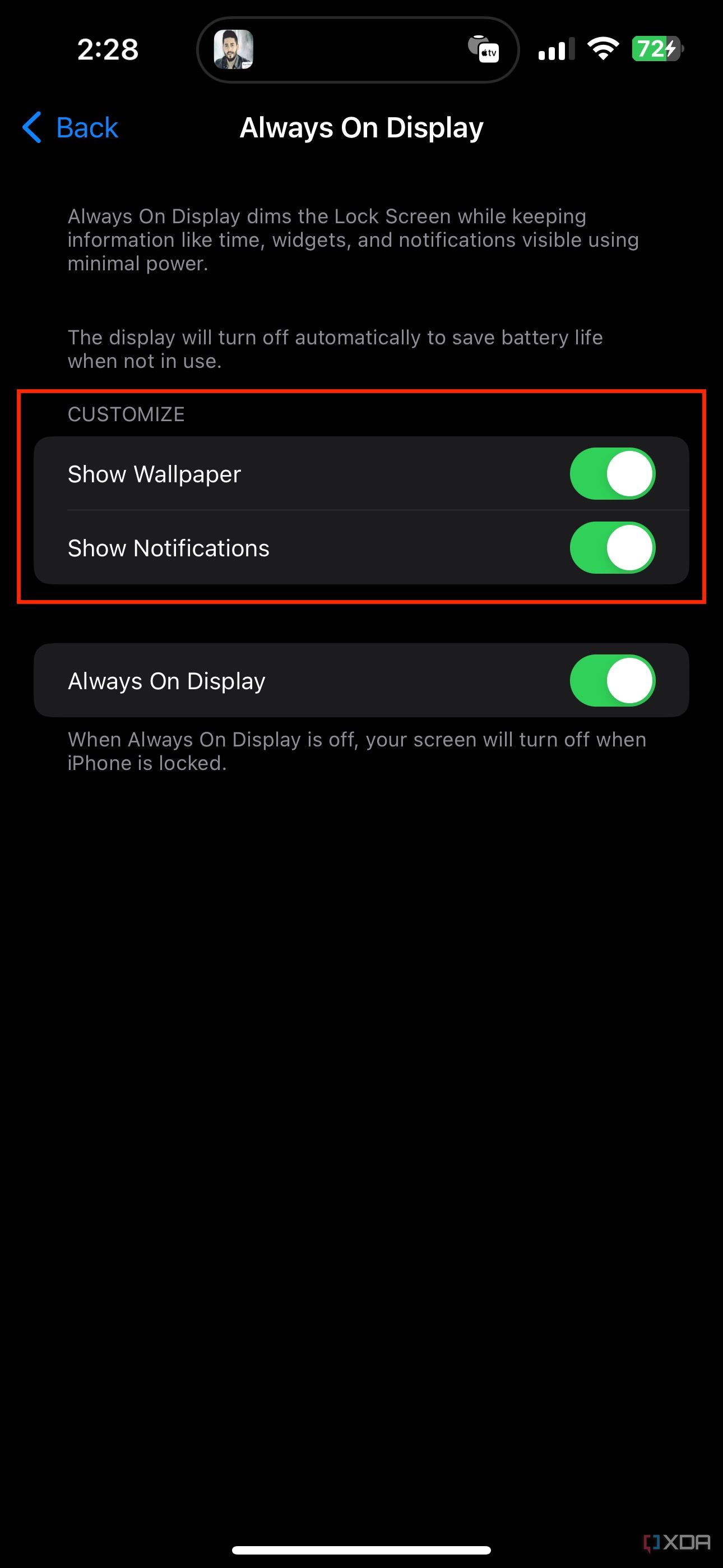 show wallpaper and show notifications toggles in iPhone settings