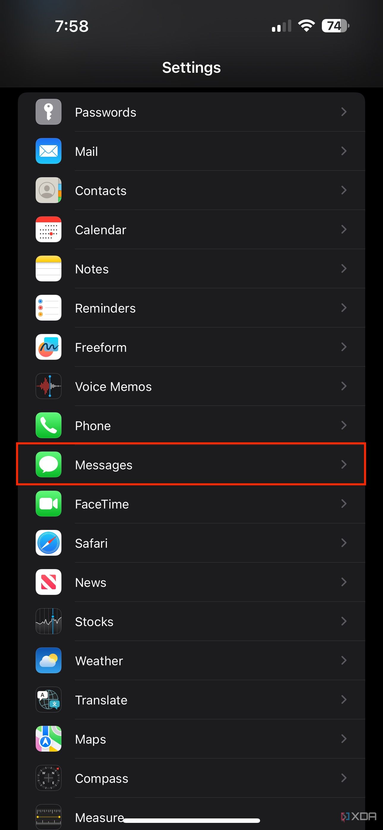 messages section in settings app