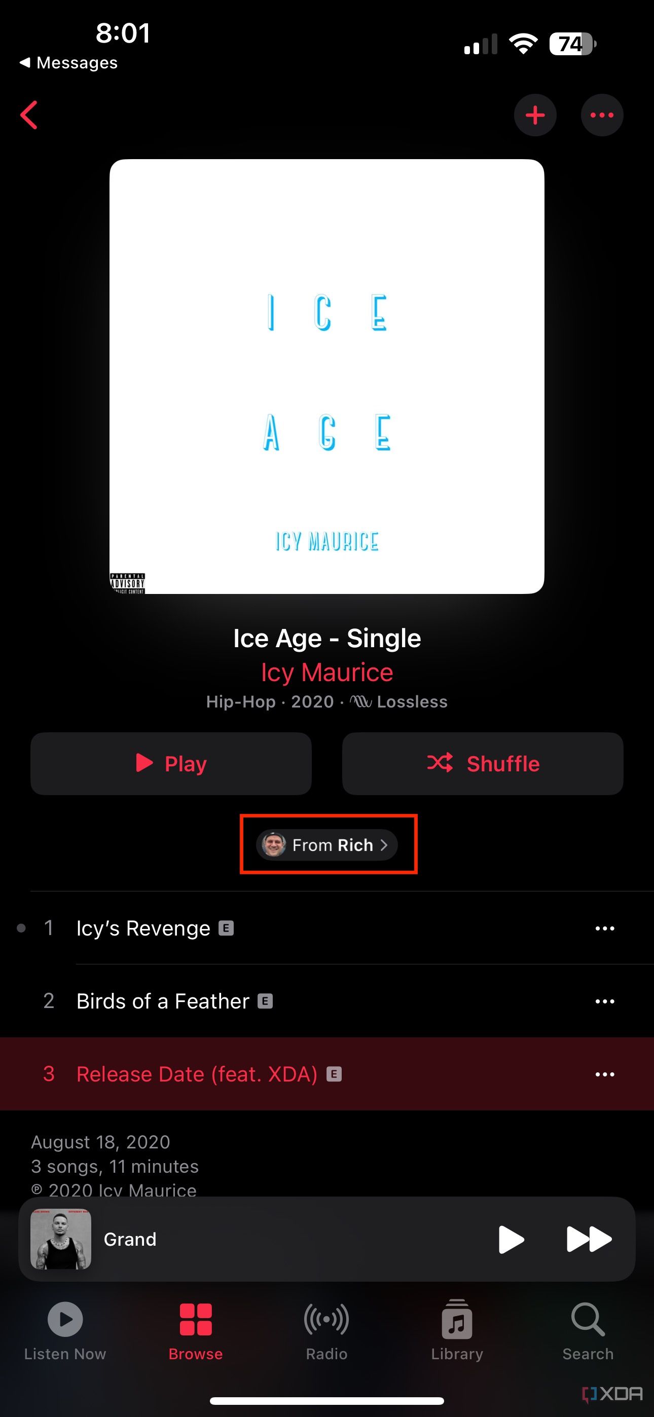 Apple Music song showing that it was shared by a contact