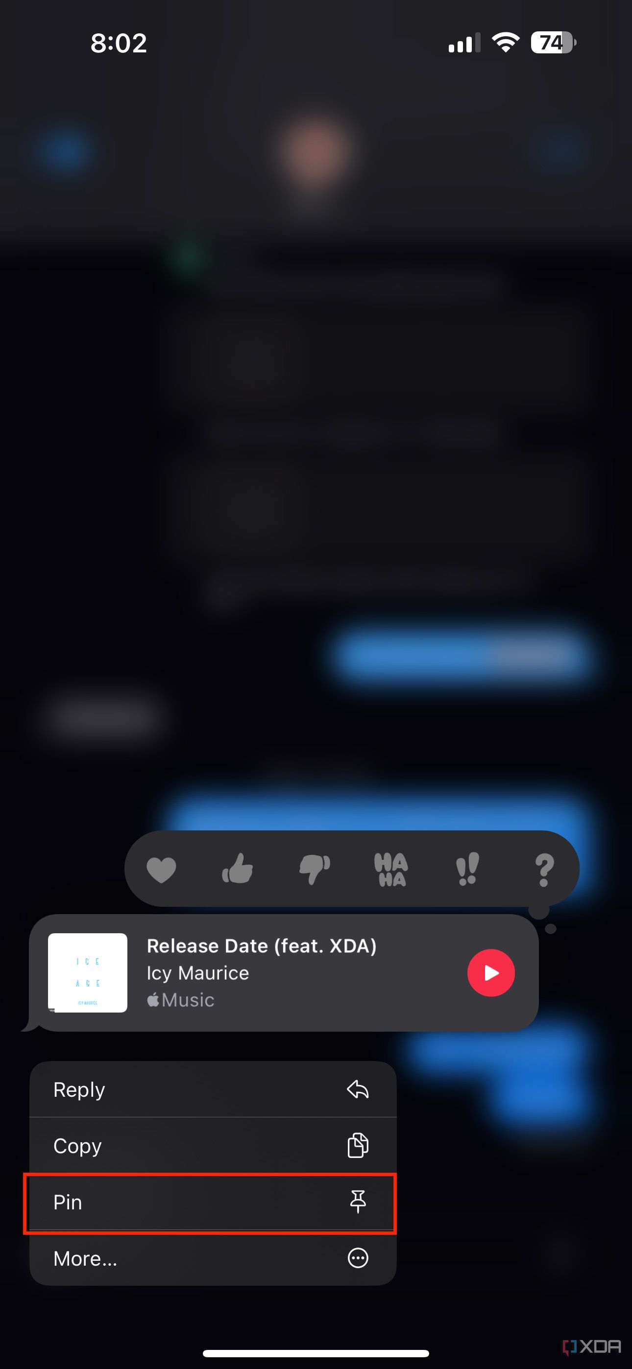 pin button for a song's link in iMessage app