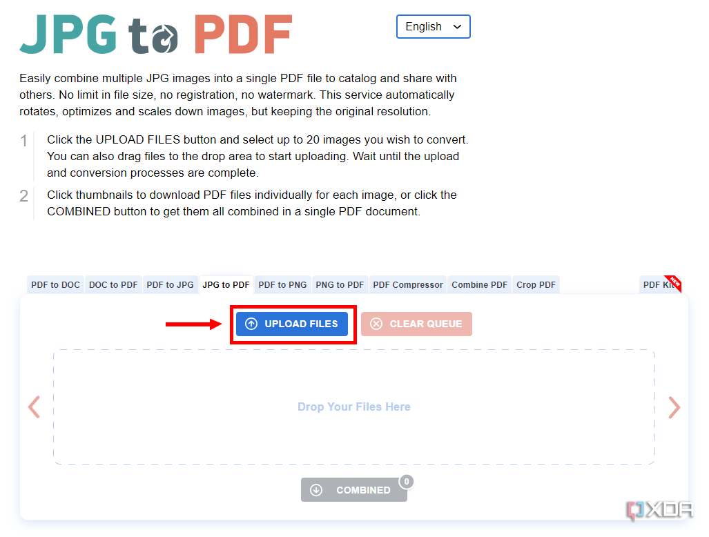 Screenshot of the JPGtoPDF website with the upload files button uploaded