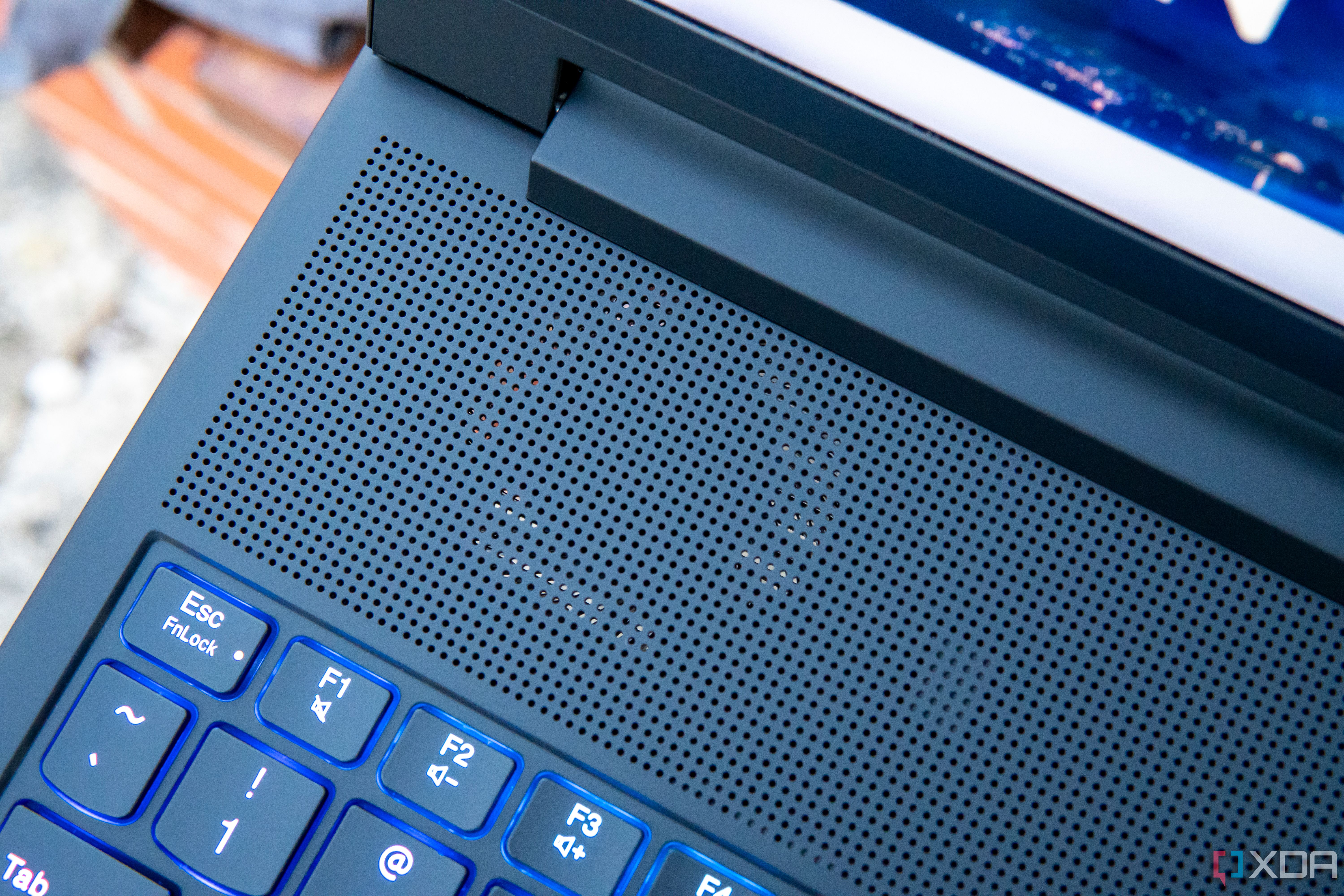Close-up view of the Lenovo Legion 9i's ventilation grill, showing it's possible to see through the laptop
