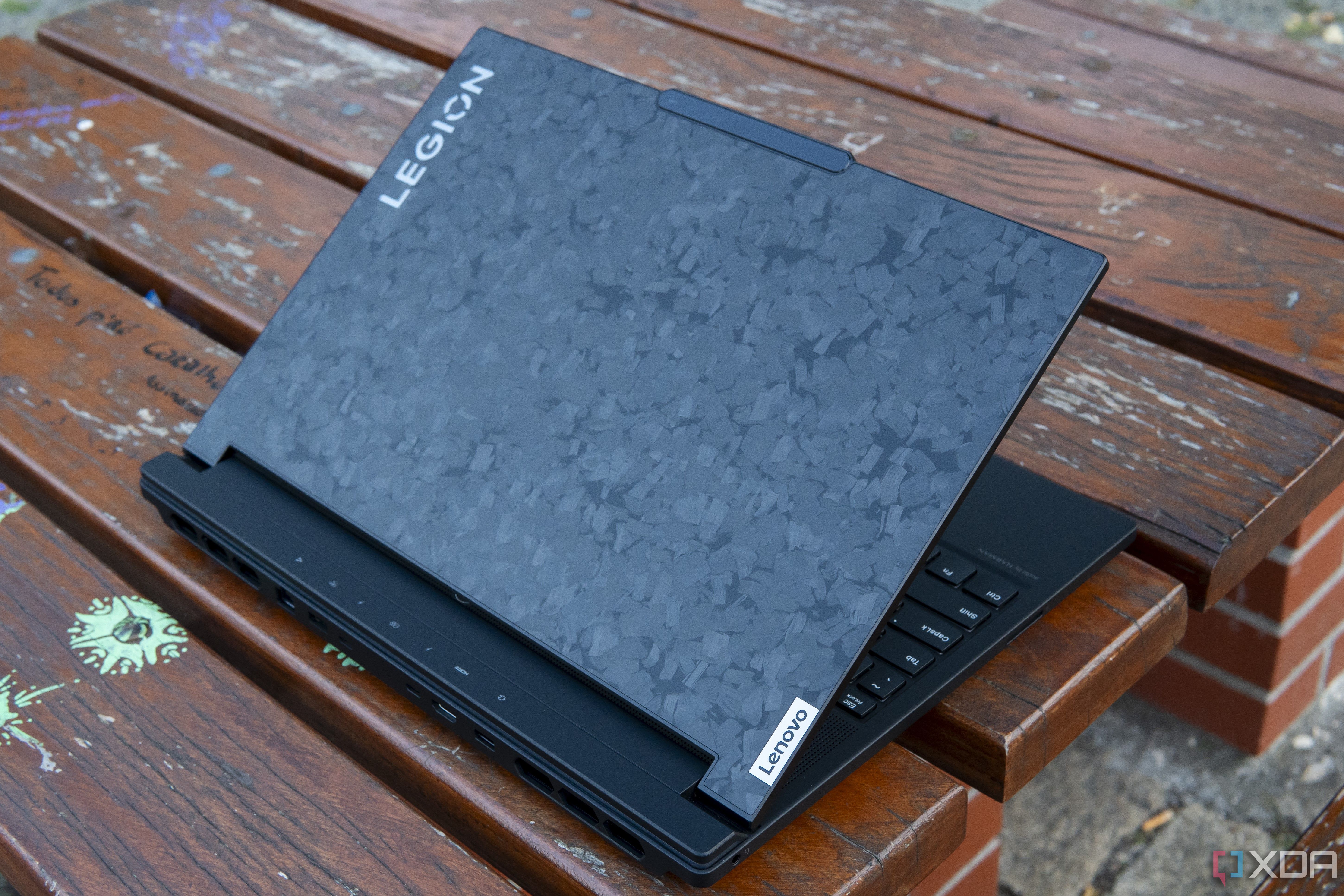 Rear angled view of the Lenovo Legion 9i with the lid open at a 45-degree angle