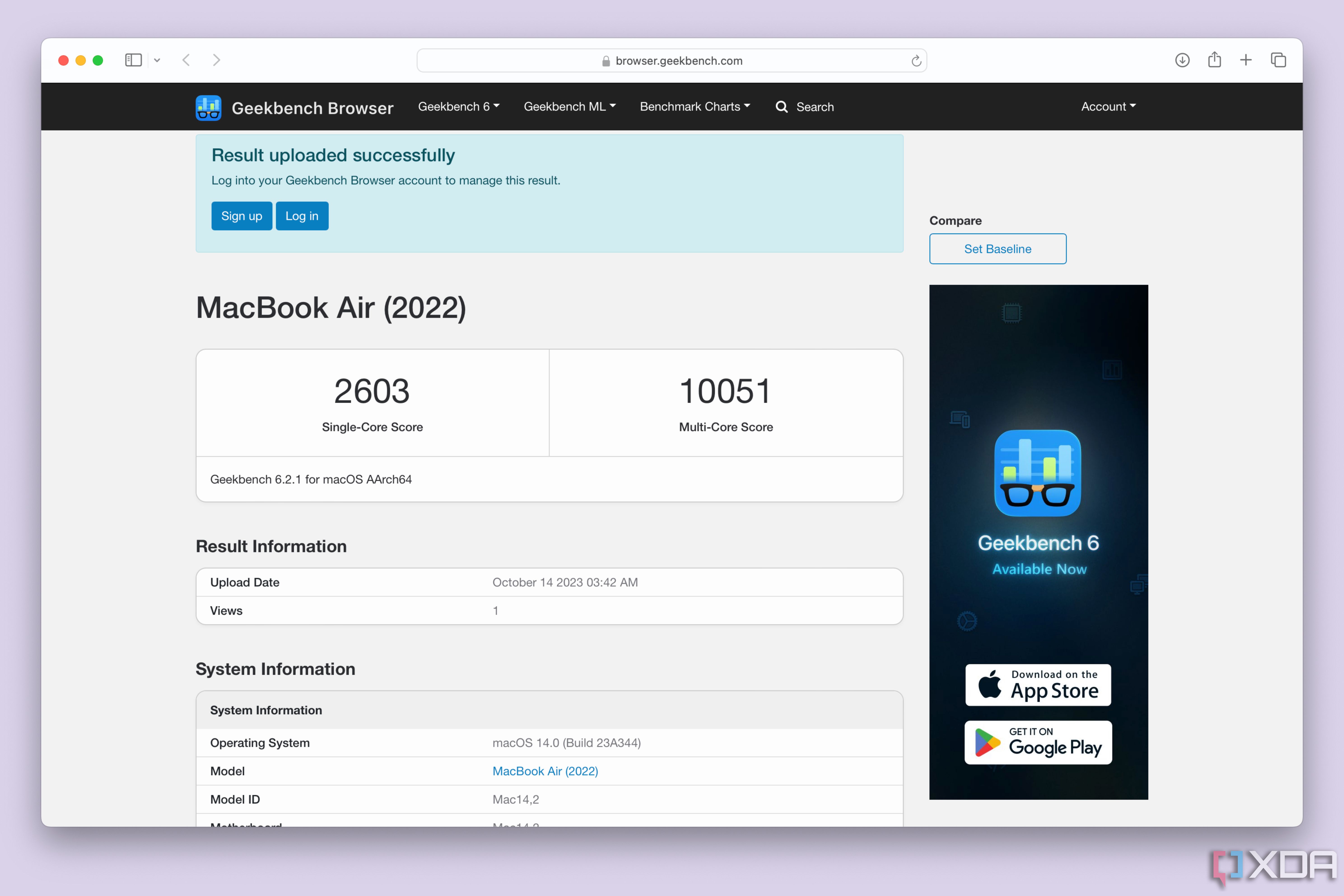 Una prueba base de Geekbench 6 con el MacBook Air M2.