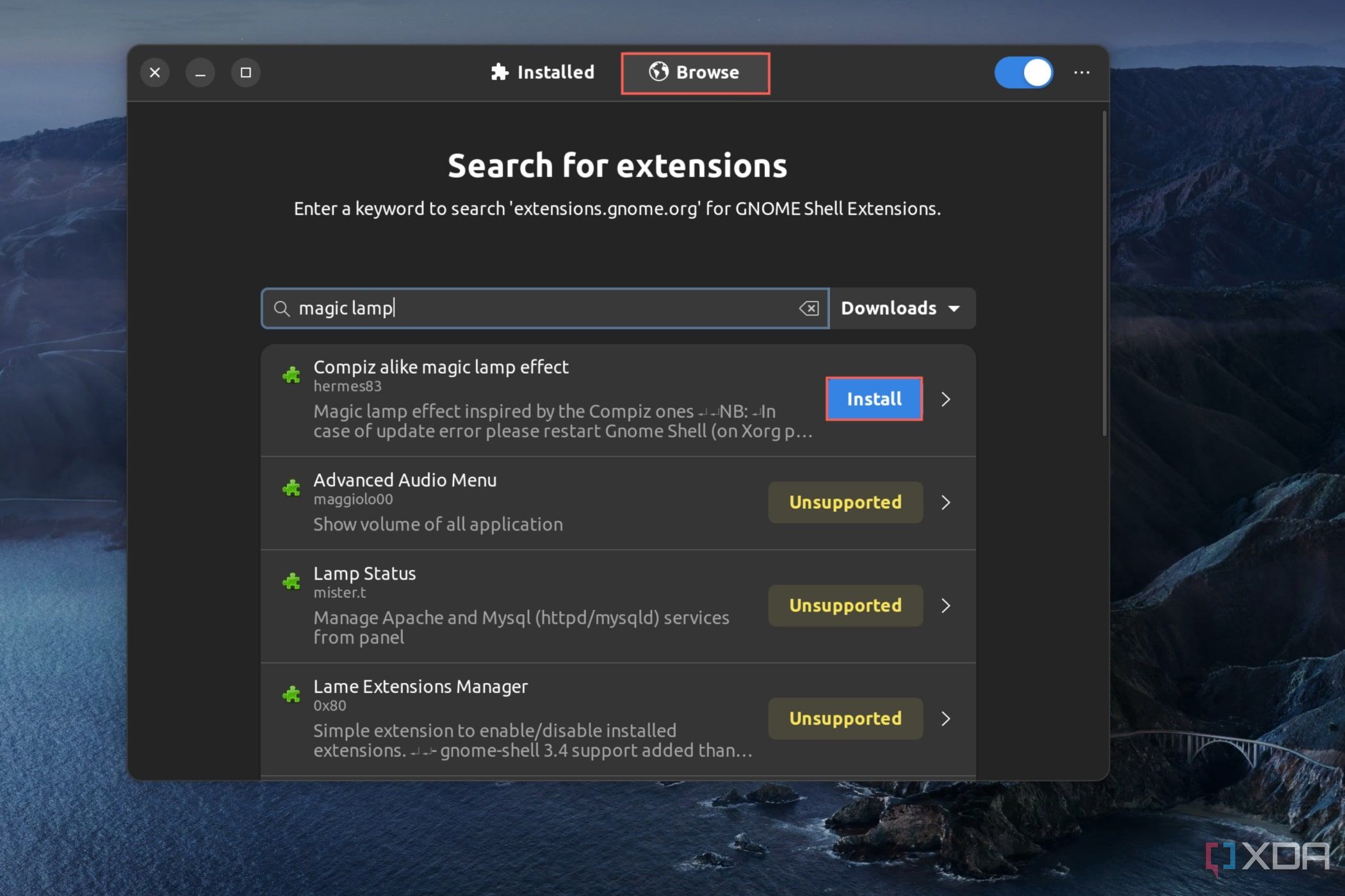 A screenshot of the Linux Extension Manager with the Compiz alike magic lamp effect extension highlighted