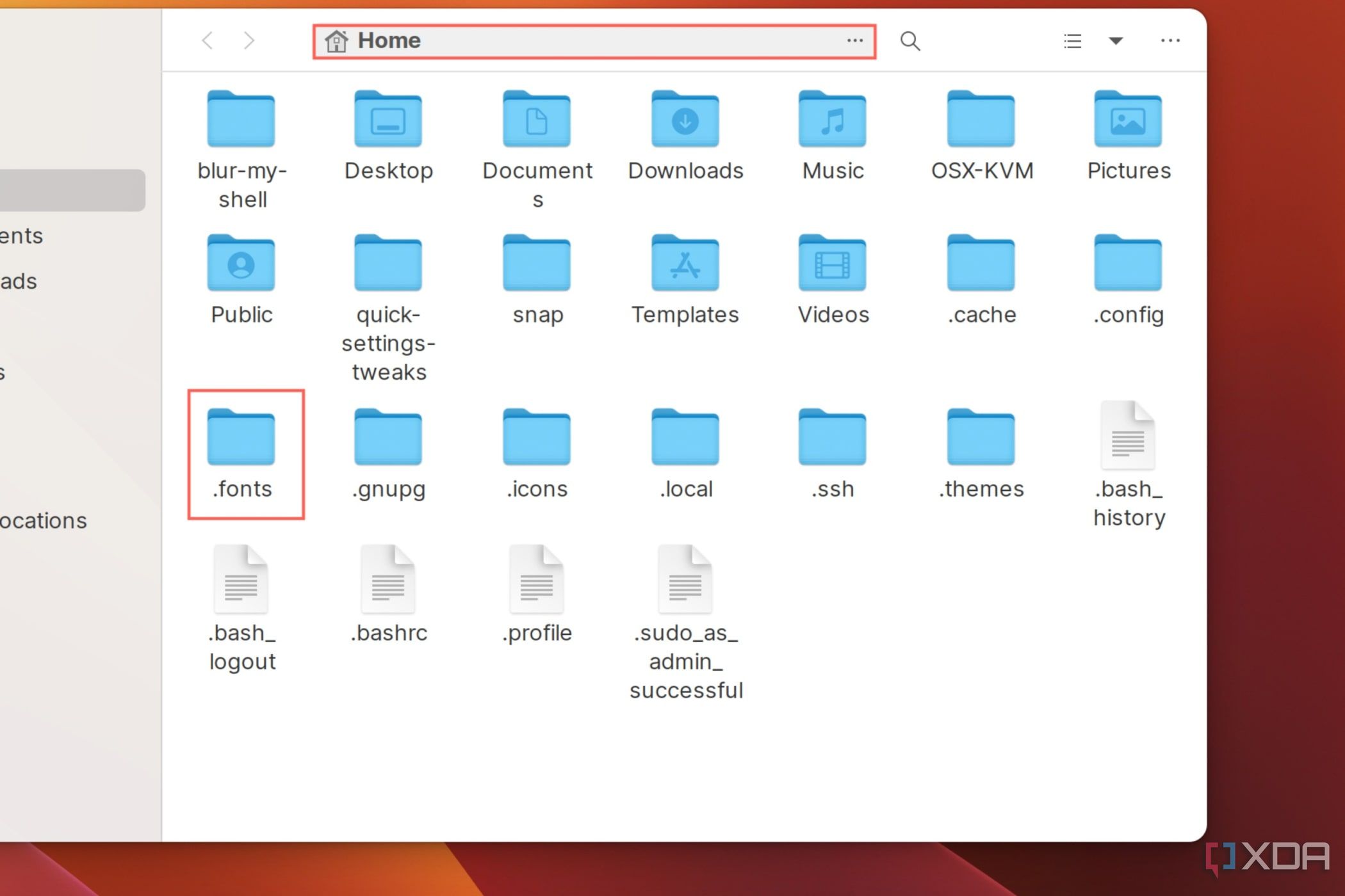 A screenshot of the Ubuntu File Manager with the Home directory and .fonts folder highlighted