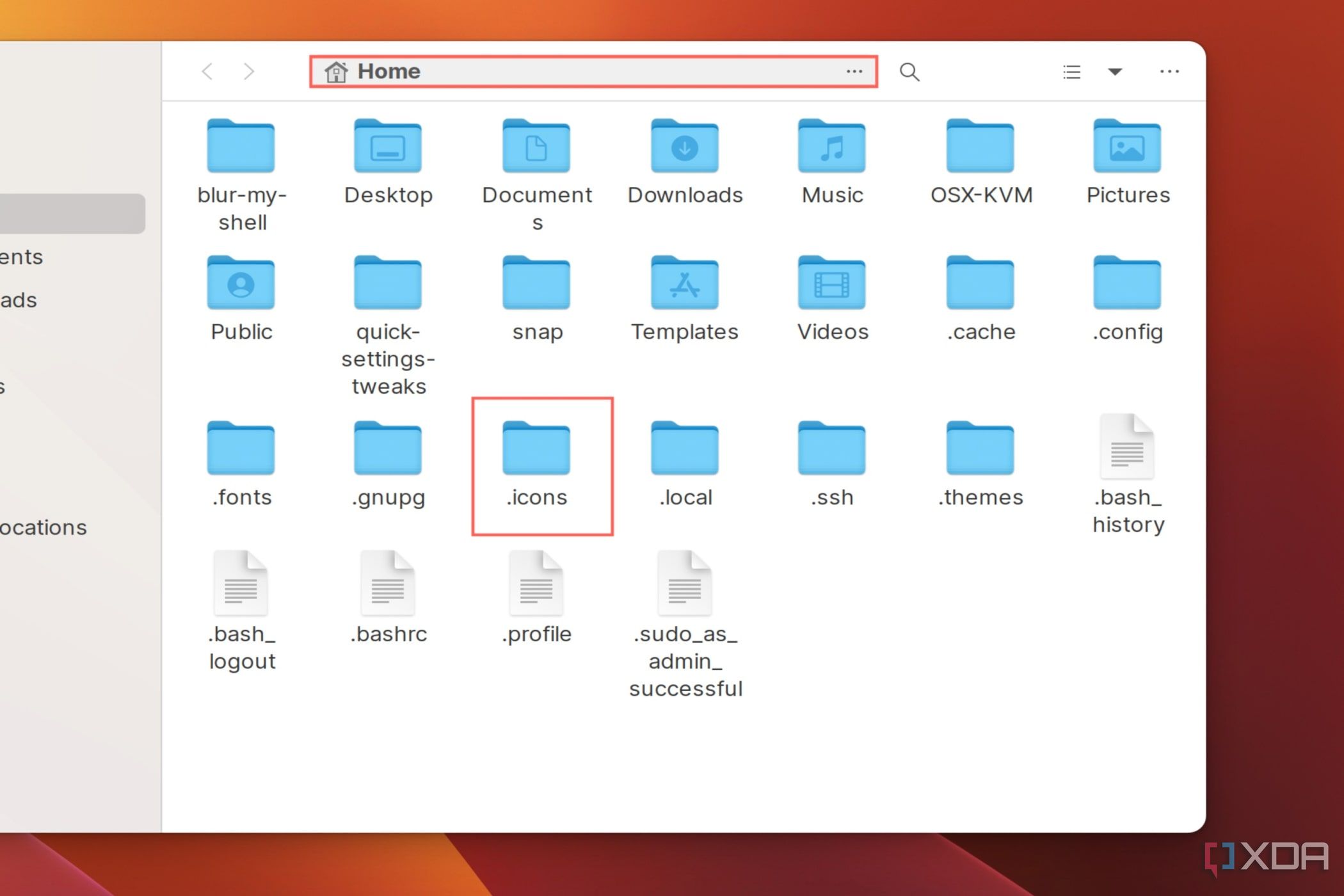 A screenshot of the Ubuntu File Manager with the Home directory and .icons folder highlighted