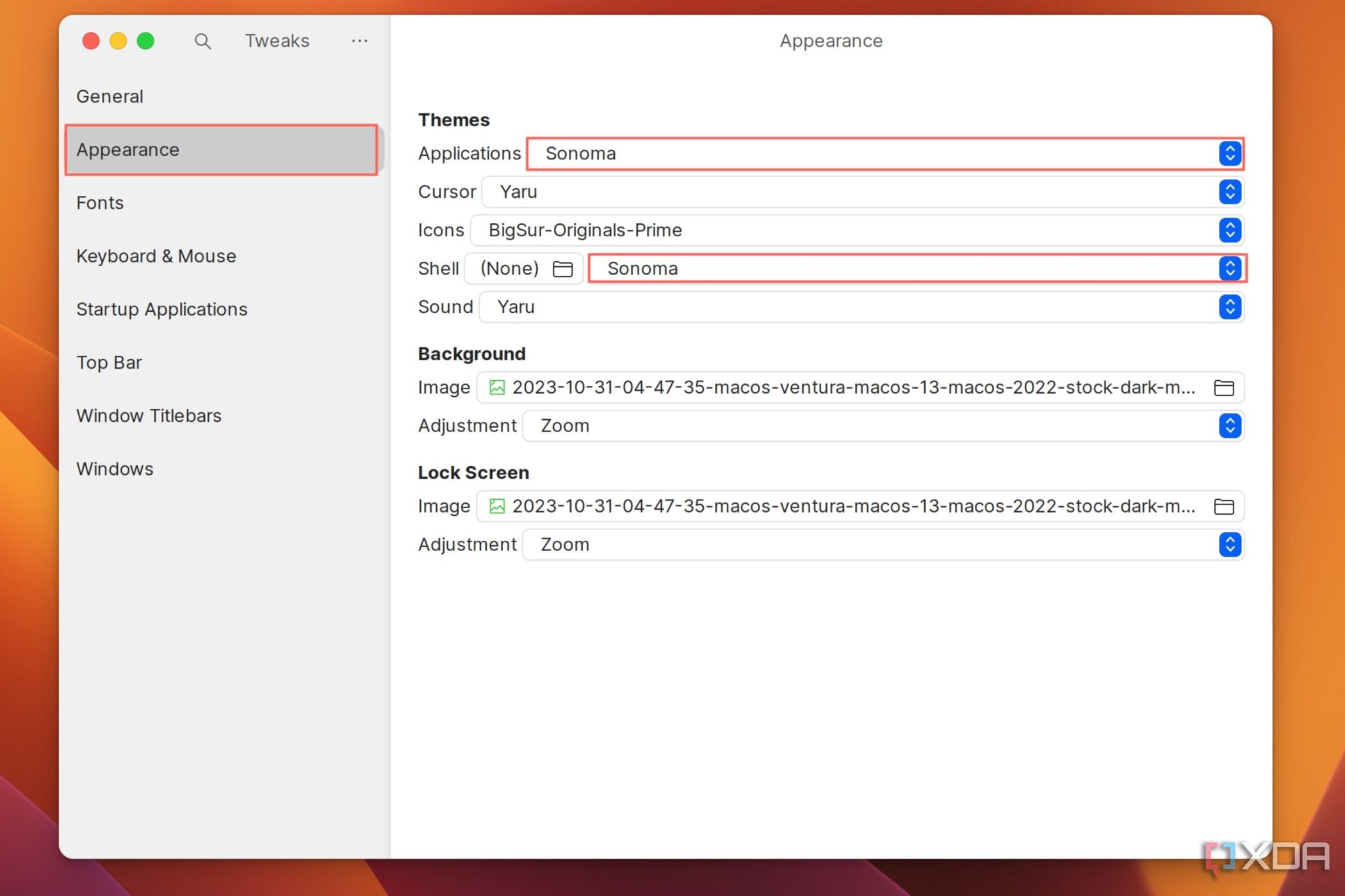 A screenshot of the Tweaks app with the options to set the Applications and Shell themes highlighted
