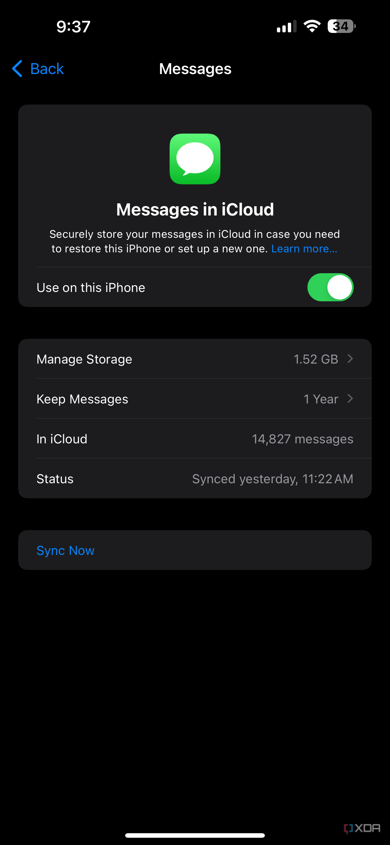 Detalhes das mensagens no iCloud, como a última sincronização