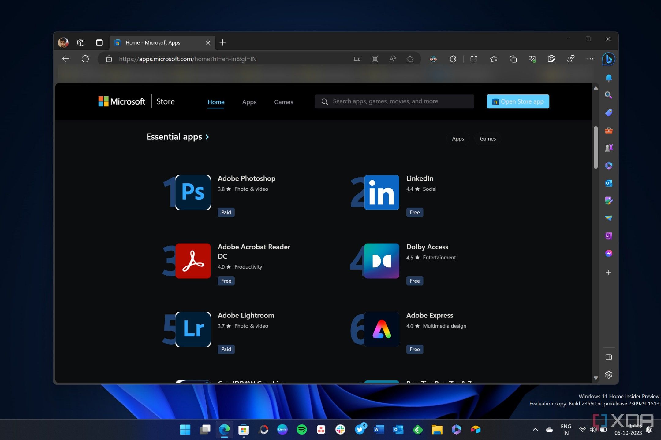 Снимок экрана: новый веб-портал Microsoft Store в браузере Edge